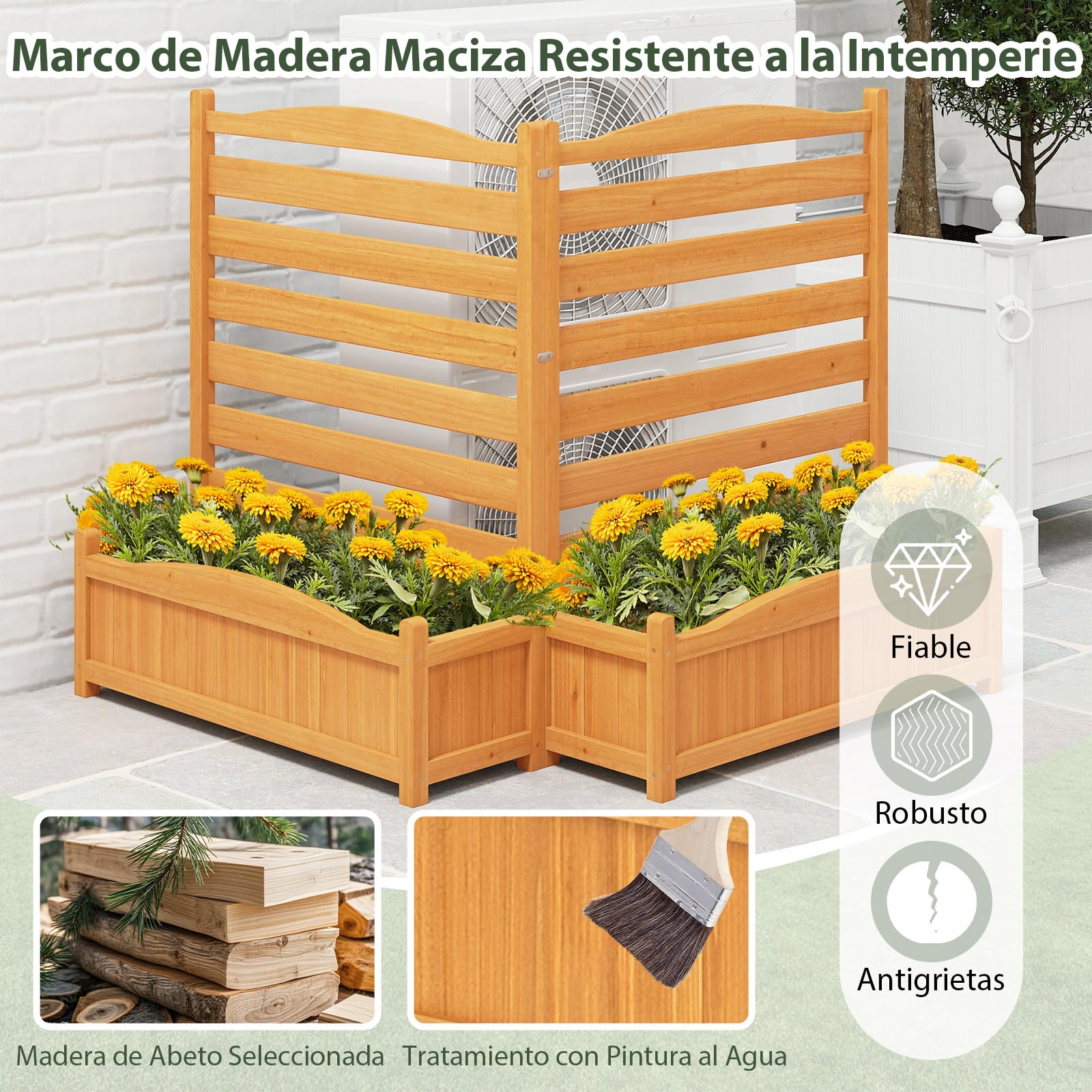 GOPLUS Valla para Aire Acondicionado con Macetero, Pantalla de Privacidad de Madera para Exteriores con Agujeros de Drenaje, sin Necesidad de Excavación, para Equipamiento de Jardín (2 Piezas)