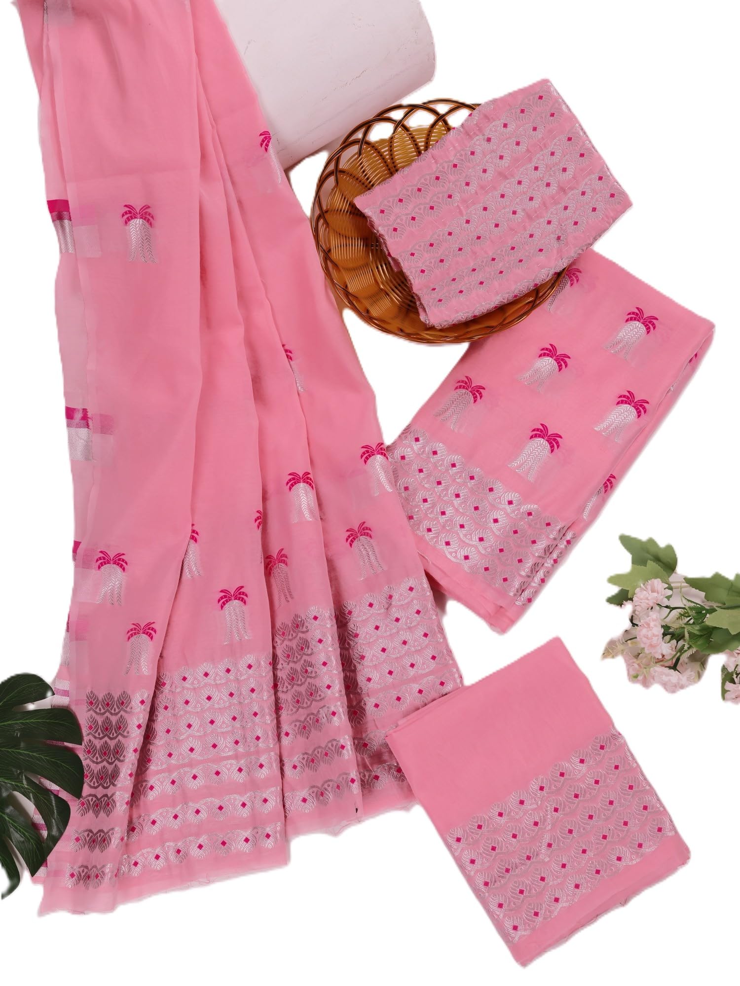 Cotton Assamese Mekhela Sador Woven Pattern Cultural Two Piece Dress With Coordinated Blouse Piece Pink Free Size(NOT SAREEE)-image-29