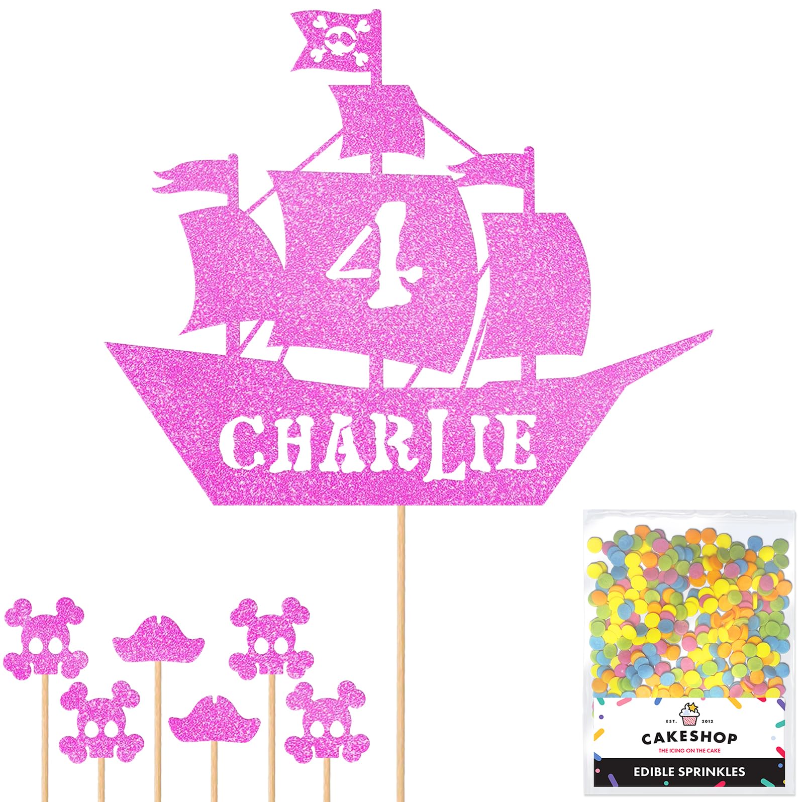 Personalised Birthday Pirate Ship Glitter Cake Topper Lt Pink Any Custom Age & Name Glitter Cake Decoration and Sprinkles - Happy Birthday Decorations - Personalised Toppers for Cakes by Cakeshop — image 1