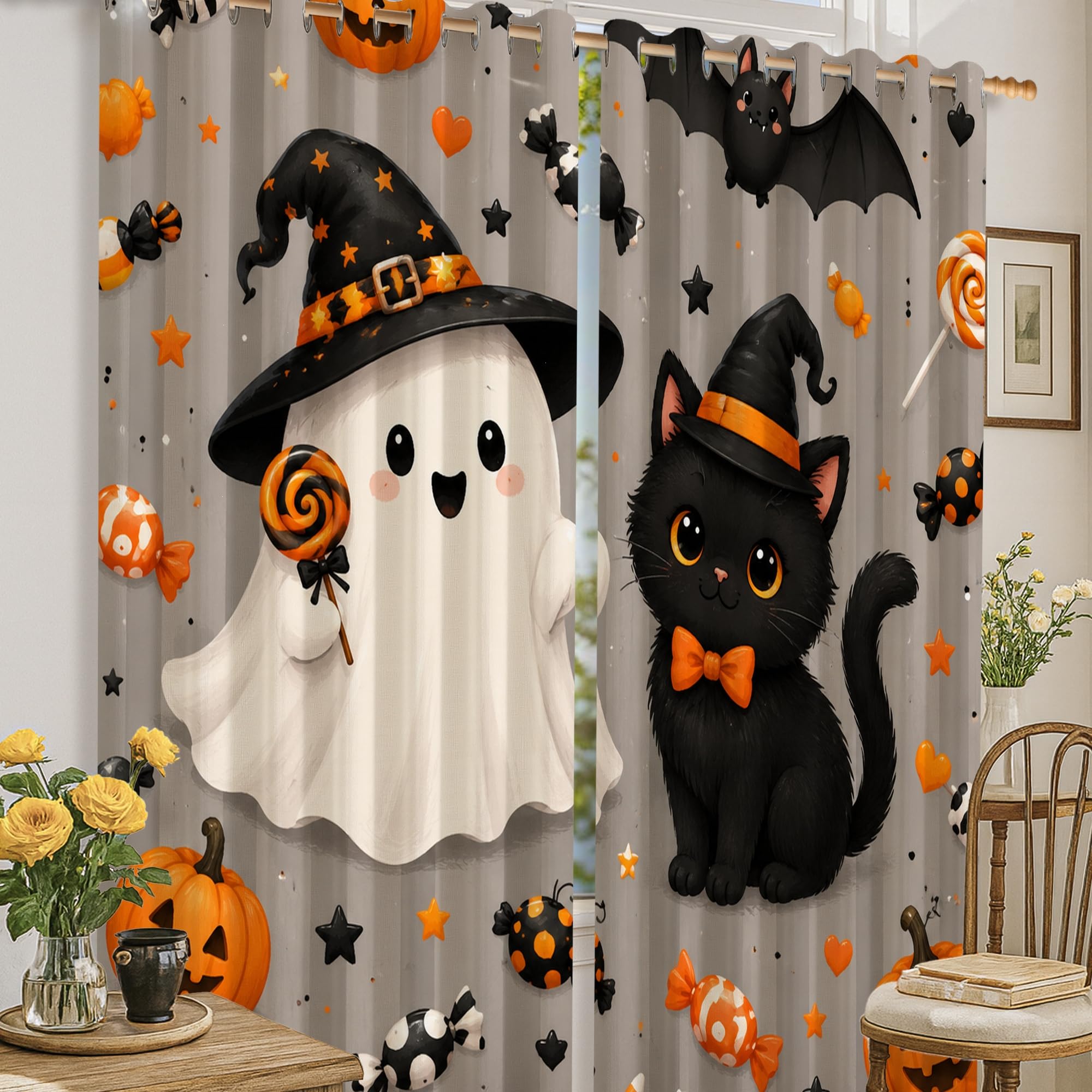 Rideau occultant Halloween pour salon et cuisine ambiance cosy