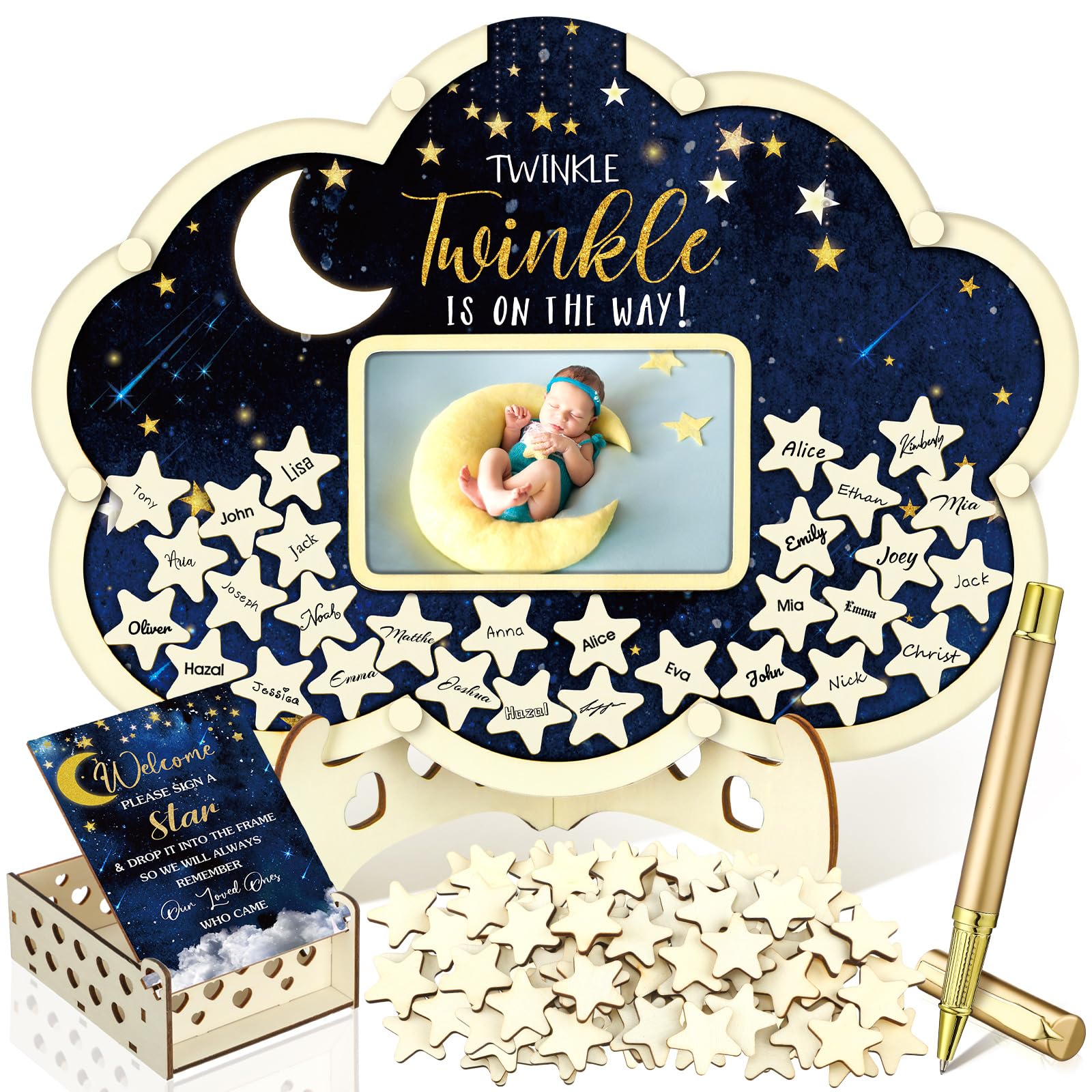 Wenqik 63 Pcs Moon and Star Baby Shower Guest Book,Blue