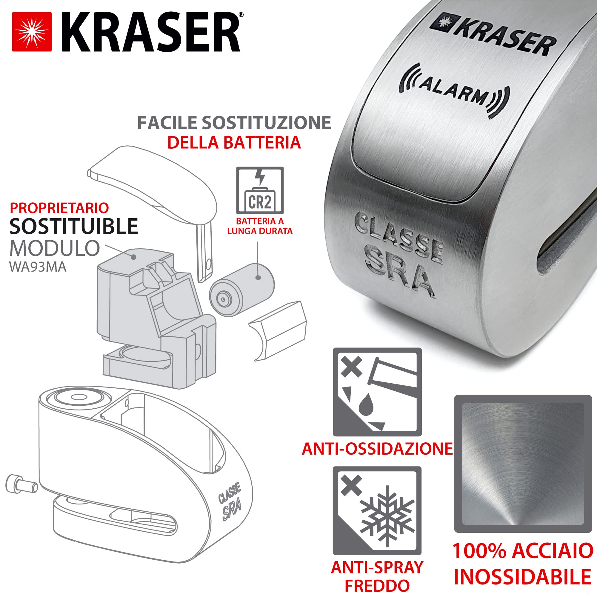 KRASER KR14S Bloccadisco Moto con Allarme 120dB, Omologato SRA, Doppia Fermatura ø14mm, Alta Sicurezza Antistrappo, Impermeabile, Filo Promemoria, Lucchetto Antifurto Moto Blocca Disco