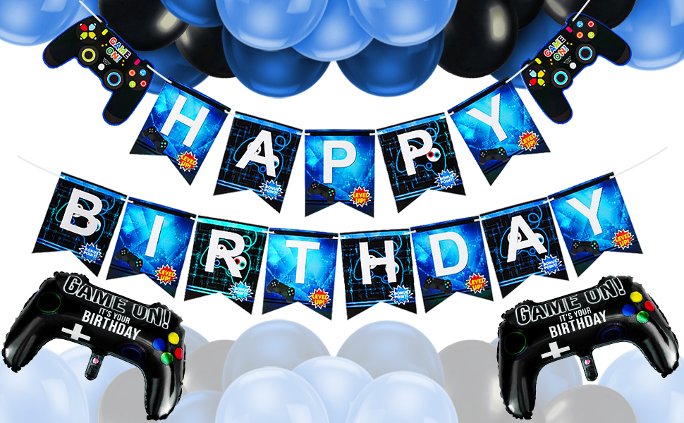verjaardag 11 jongen, gaming-decoratie, ballonnen, controller-ballonnen en blauw-zwarte ballonnen, Happy Birthday-spelletjes on Welcome, banner, videospel-feestdecoratie voor kinderen