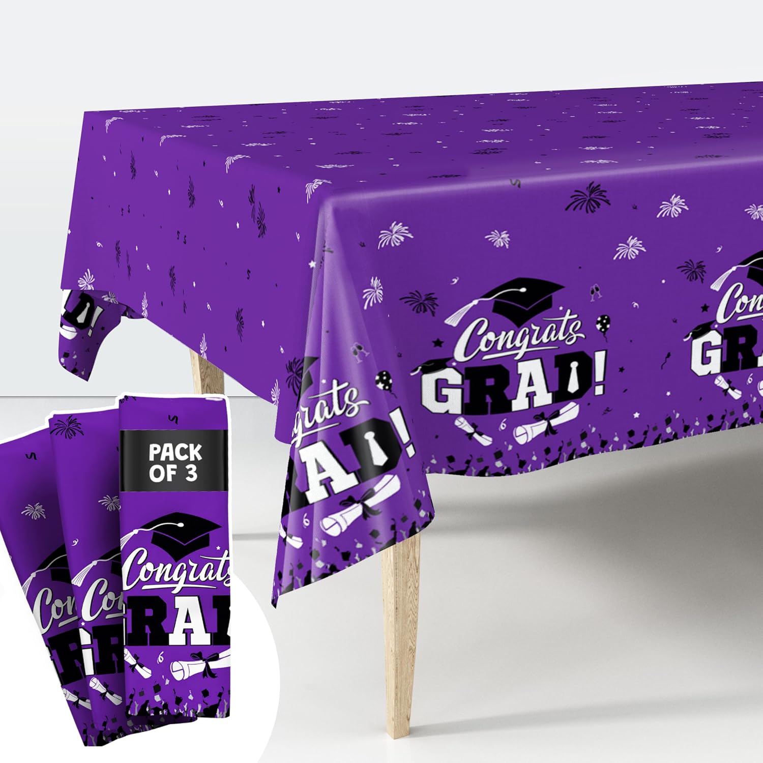 KatchOn Graduation Tablecloth, Purple Graduation Decorations 2026 - XtraLarge 108x54 Inch, Pack of 3 | Congrats Grad Tablecloth | Graduation Table Decorations 2026, Disposable Plastic Tablecloth