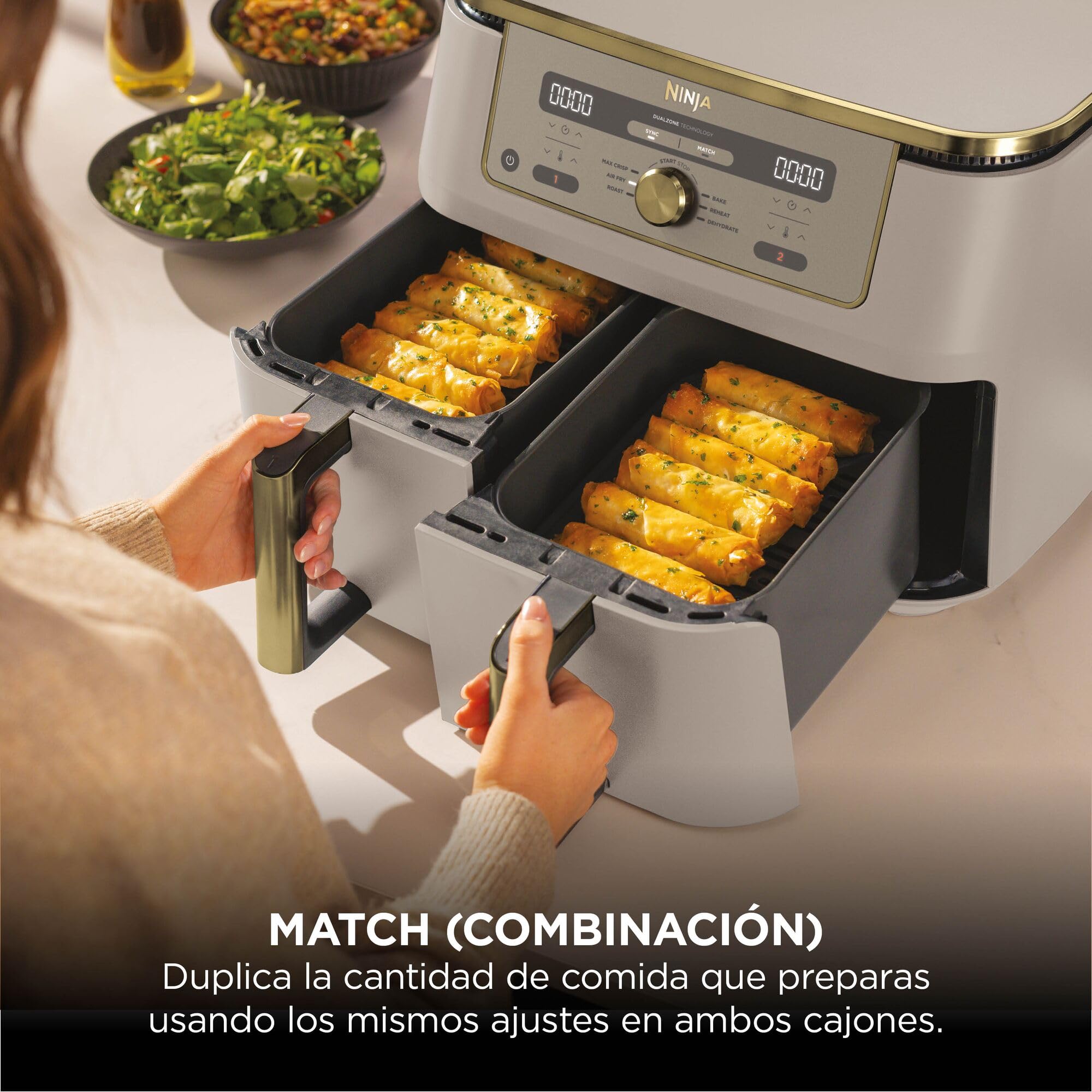 Ninja MAX Freidora de Aire con 2 Cajones Independientes - 6 Funciones Freír con aire, Asar, Hornear, Gratinar, Deshidratar y Recalentar - 9,5 l con Rejillas Antiadherentes - Piedra Dorada, DZ400EUSTGD