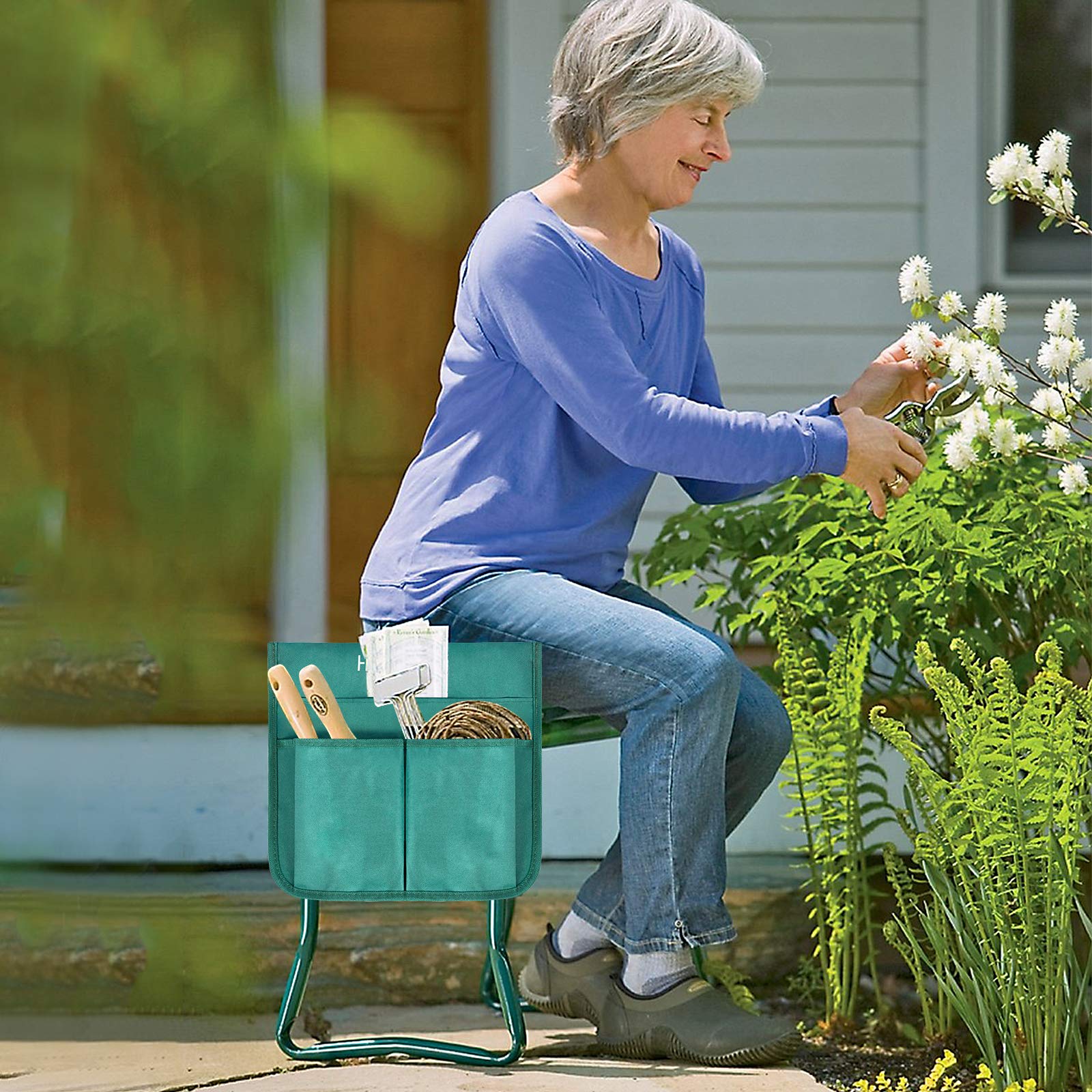 UISEBRT Banc de jardin pliable avec sac à outils pour le jardin et coussin en mousse EVA Jusqu'à 150 kg