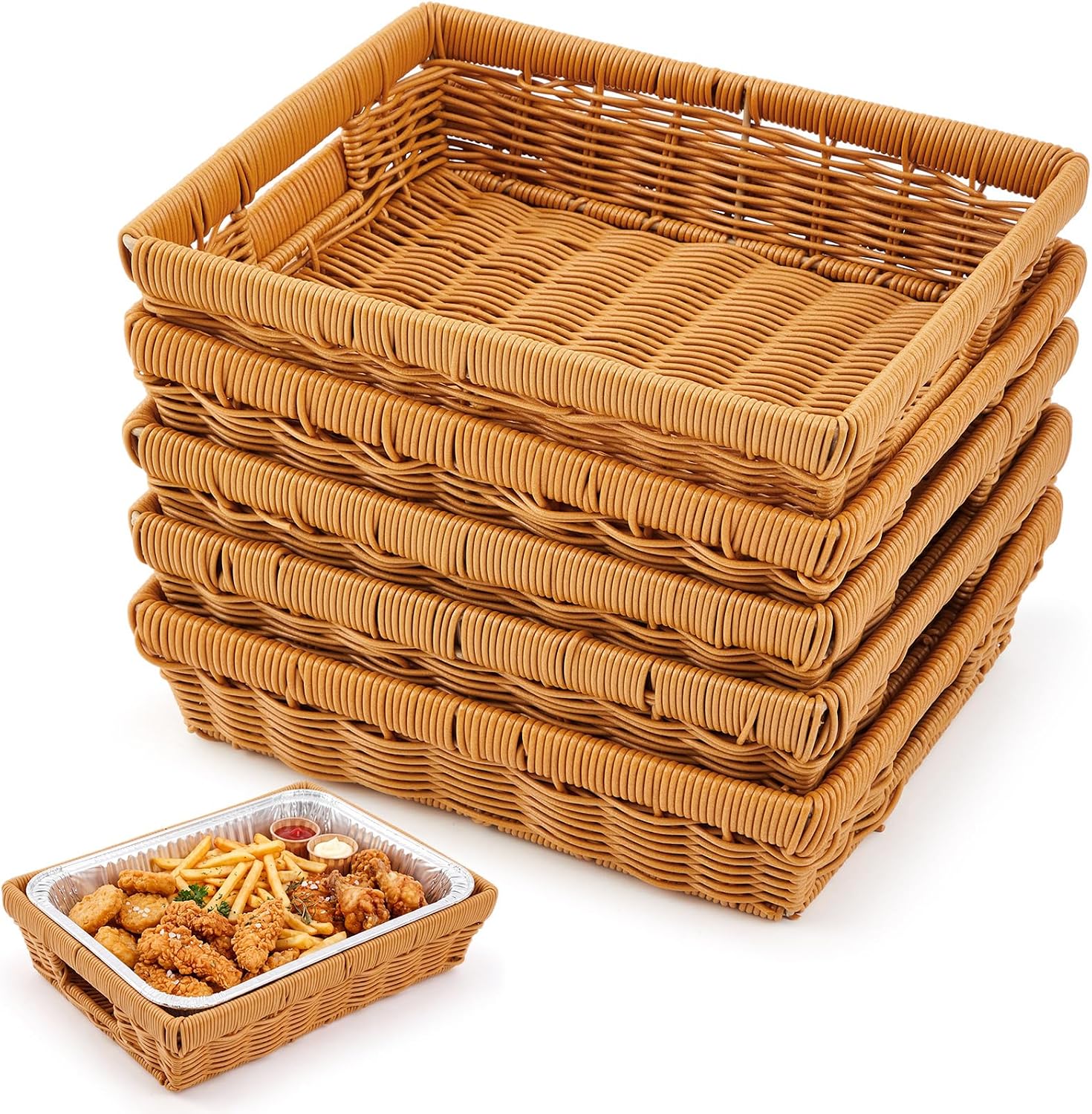 Marsui 2 Pcs Wicker Serving Baskets for 9x13 Inch Foil Pans, Brown