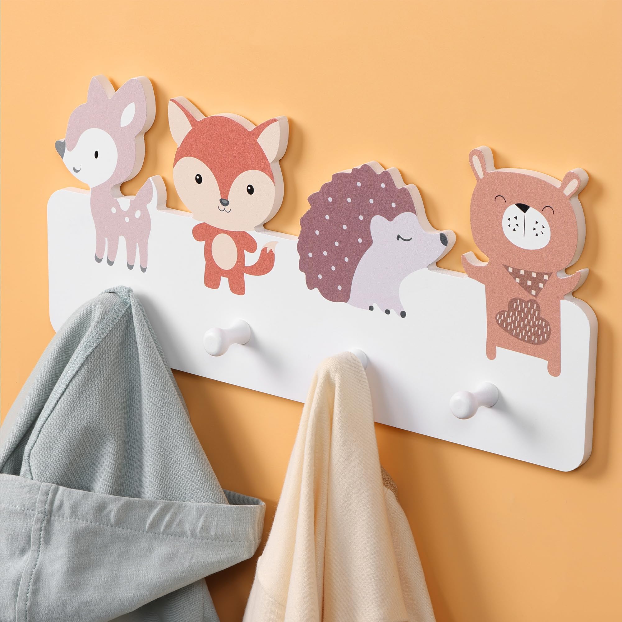 Wall Mounted Coat Rack - Robust Wooden Bag Rack with 4 Hooks - Decorative Wood Racks Ideal for Kids Bedroom - Easy to Install Clothes Hangers for Walls - Animals Design
