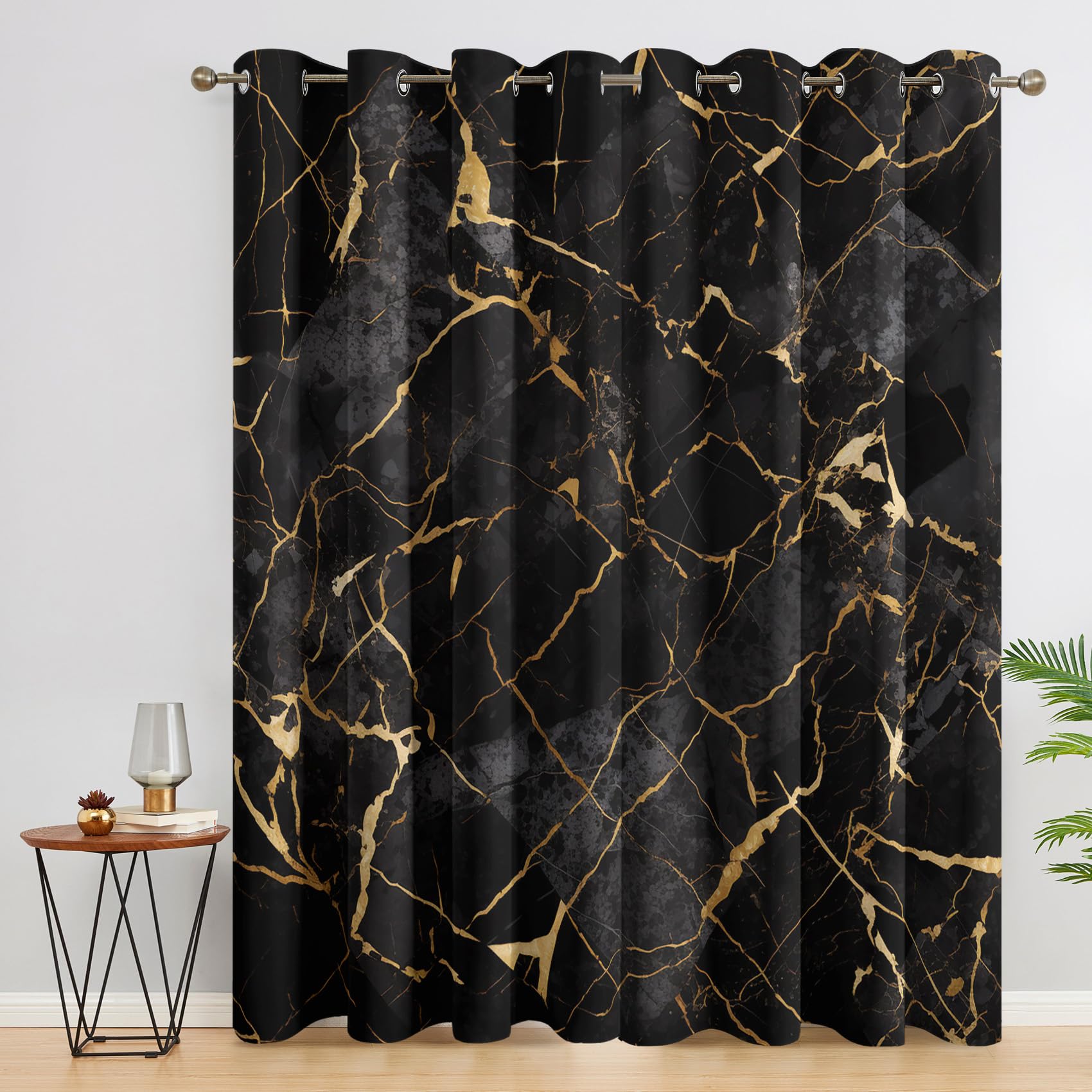 Generisch Schwarz Gold Marmor Vorhänge Blickdicht Gardinen mit Ösen, Abstrakt Modern Deko Muster Wohnzimmer Schlafzimmer Fenster Verdunklungsvorhänge, H 220 x B 140 cm 2er Set (D5-69)