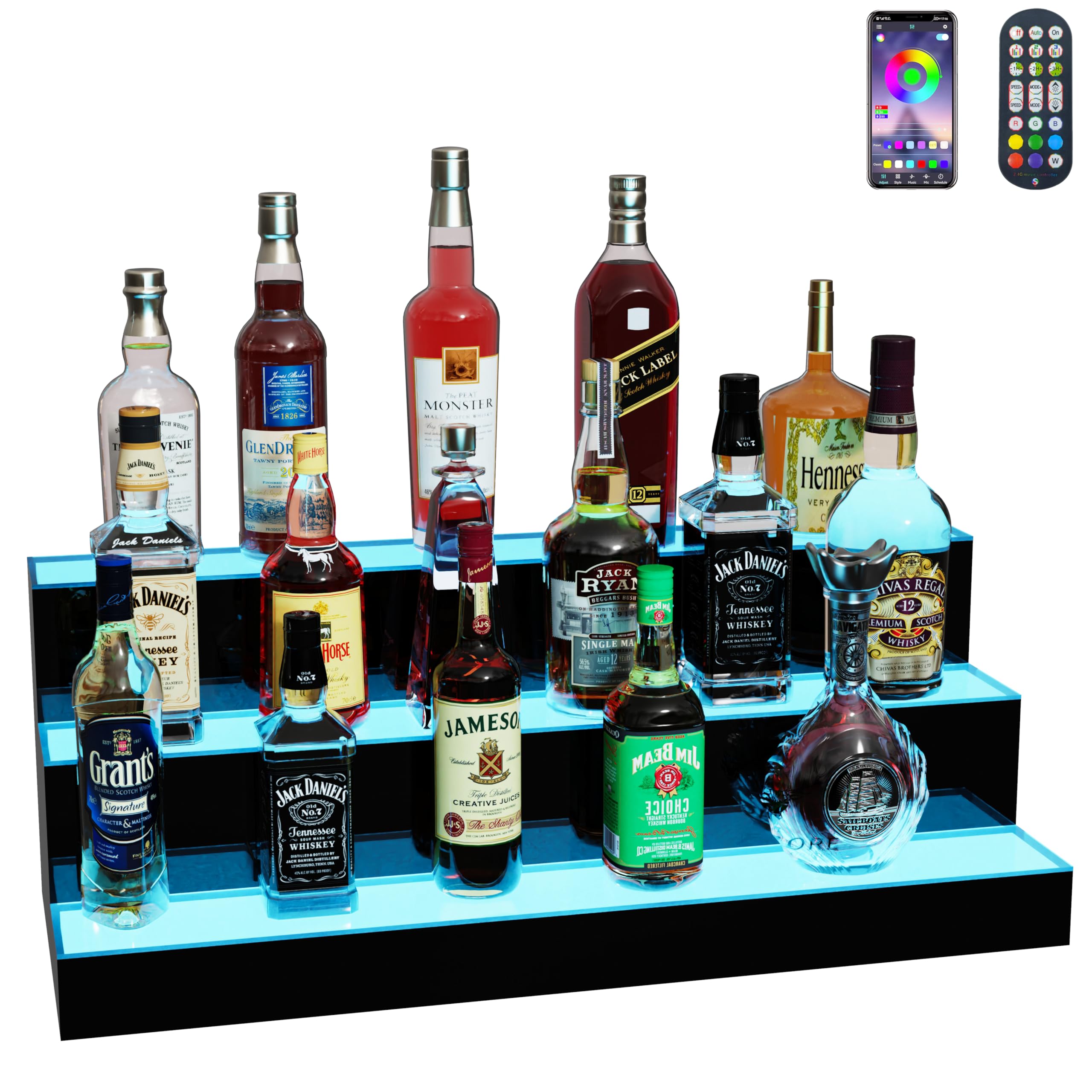 MESAlLUP Acrylic 30 Inch 3 Tier LED Liquor Bottle Display Shelf, Lighted Bar Shelves with APP or Remote Control, Mulit Color Lighting for Home Mini Bars Decor, Restaurants &amp; Party Use