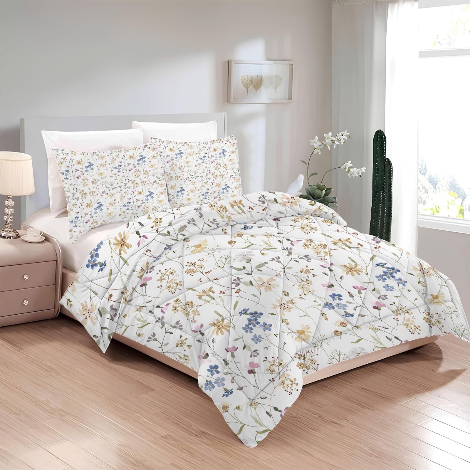 Couette Imprimée Floral D'Été 4 Saisons Blanc Sans Housse Couette 2 Personnes en Microfibre Réversible Ultra Douce Lavable en Machine