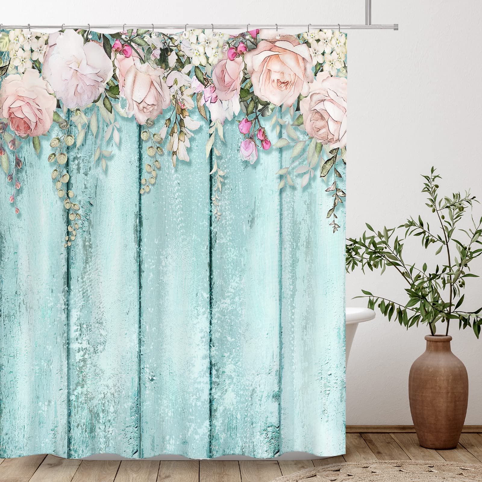 Tititex Pink Flowers Shower Curtain Sets, Blossoming Floral Roses on Rutic Teal Blue Wood Bathroom Decorative 70 X 78 Inch Polyester Waterproof Fabric