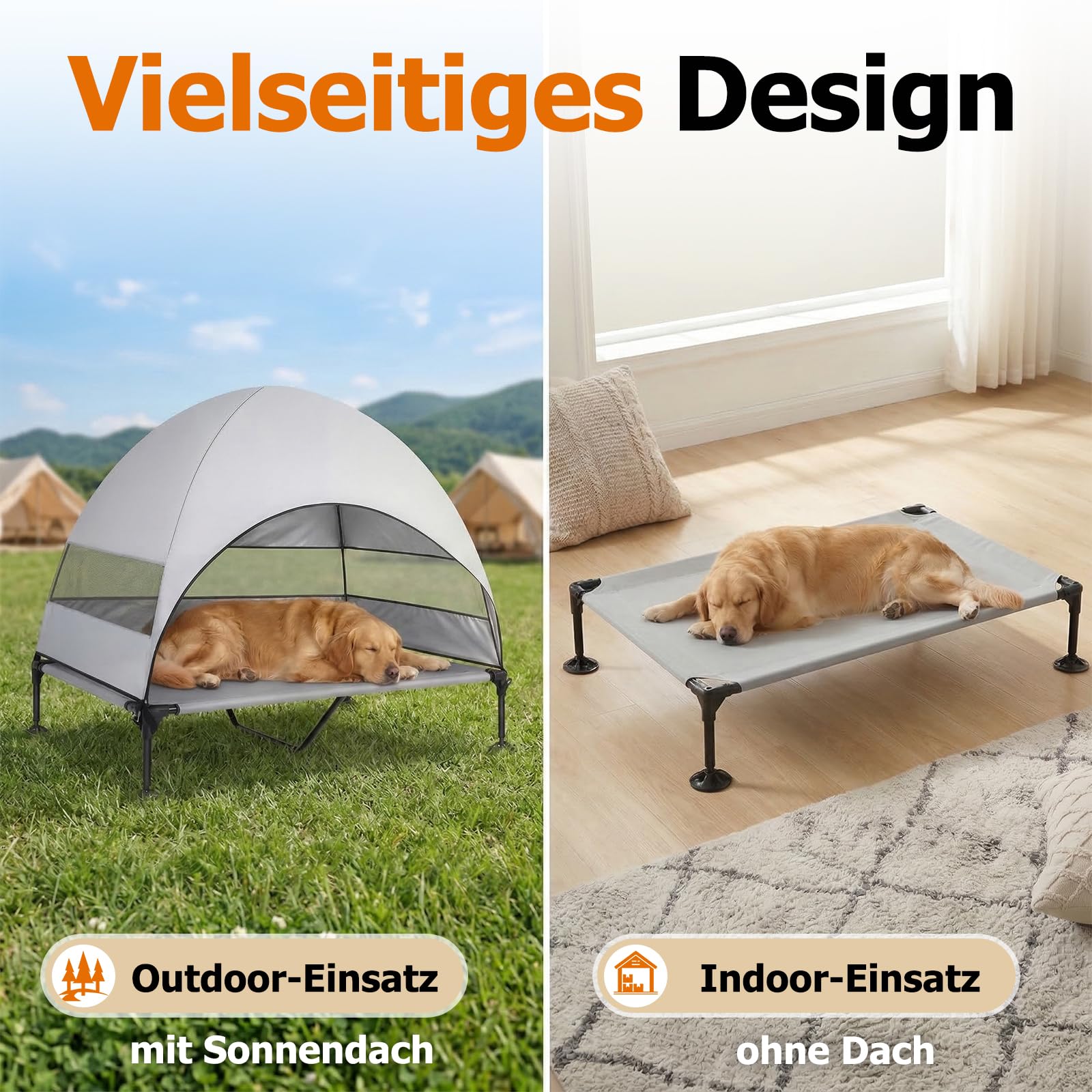 Erhöhtes Hundebett Outdoor mit UV-beständiges Dach，Hundeliege Klappbar mit Anti-Rutsch-Füßen, Hundezelt Outdoor mit Großem Schatten, Kühlendes ErhöHtes Hunde Bett für Camping, Garten & Pool (Grau, XL)