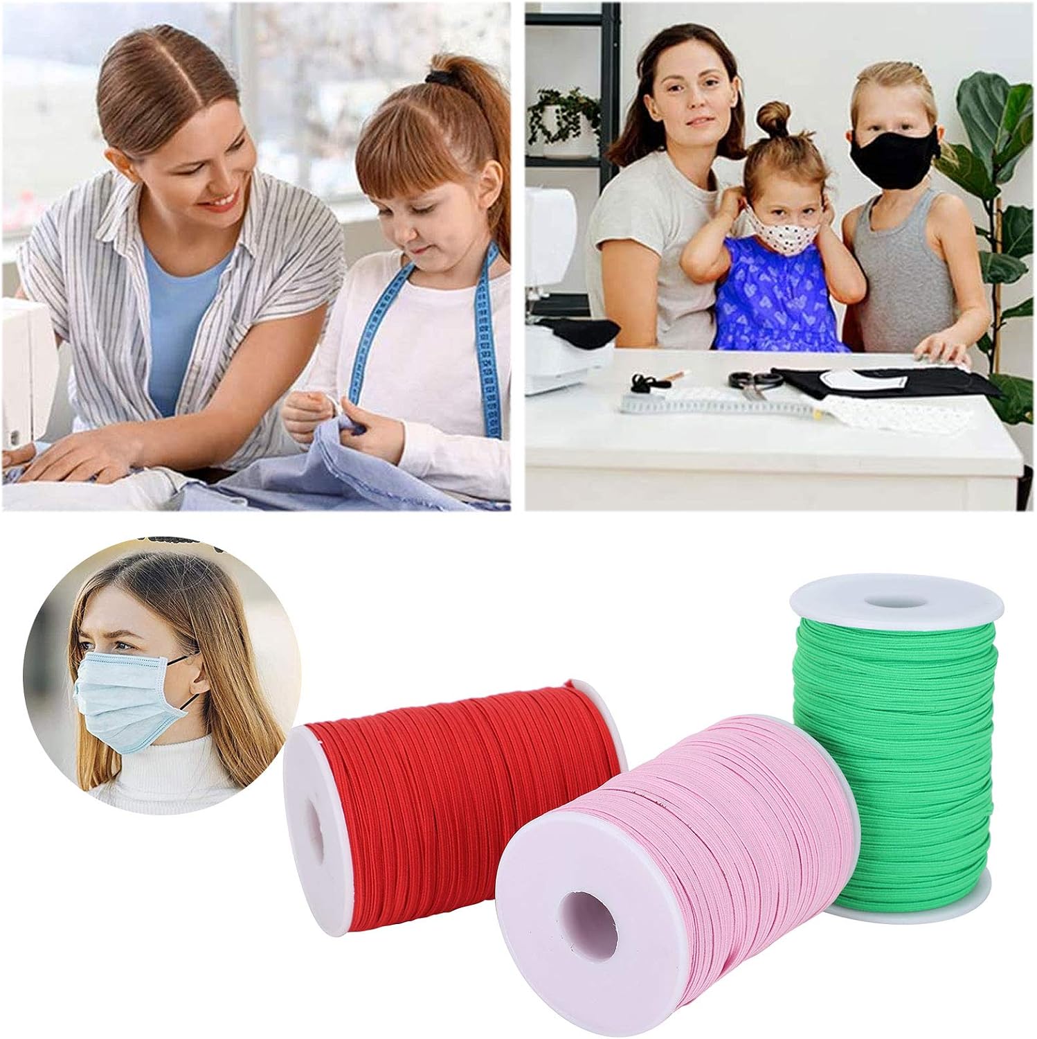 Elastic Band Flat Sewing Rope Cord String 100 Yard Roll, High Elasticity Polyester Material - Durable Stretch, Easy Cutting, Ideal for DIY Mask Making and Clothing (red+Pink+Green)