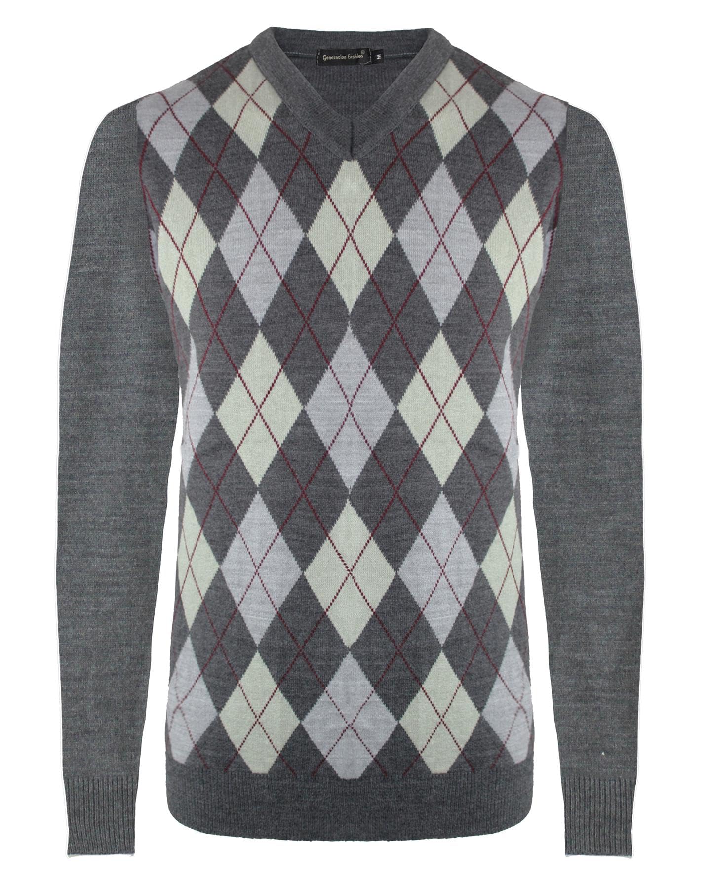 New Men Knitted Long Sleeve V-Neck Argyle Pattern Jumper Top Sweater with Ribbed Edge S-XXL[Charcoal-Mist,XXL ]