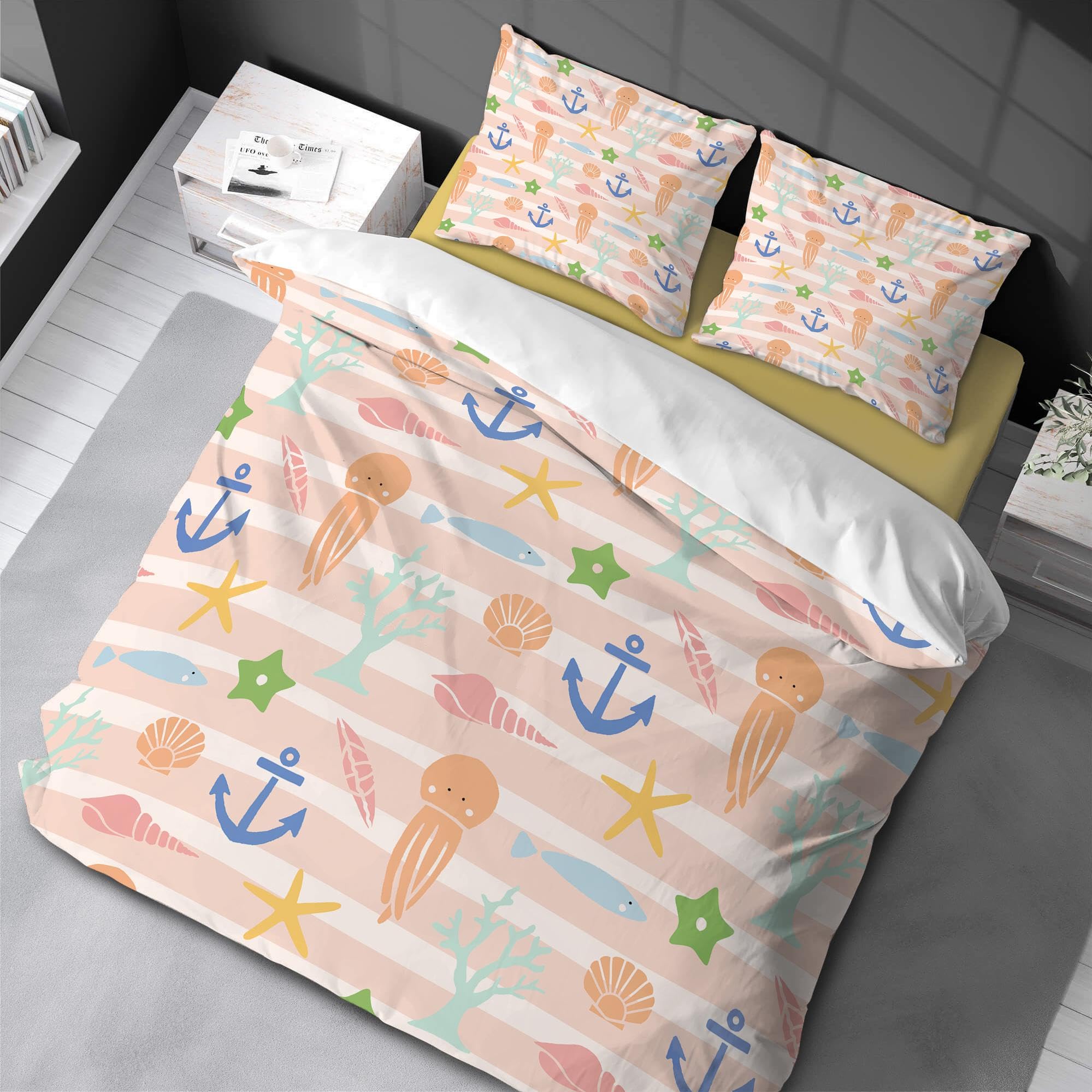 Parure de lit poisson de mer 220 x 220 cm en textile respirant et anti-plis