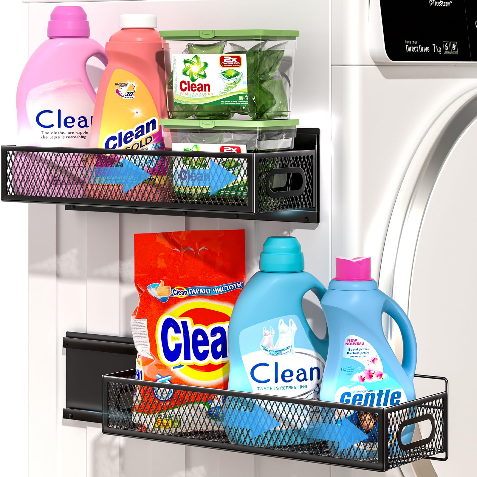 Photo 1 of **MISSING MAGNETS AND BRACKETS** DTUQYX 2-Pack Magnetic Pull Out Laundry Organizer, Slide Out Magnetic Shelves for Washing Machine, Strong Magnet Metal Basket for Washer Dryer Laundry Room, Heavy Duty Widen Spice Rack for Kitchen