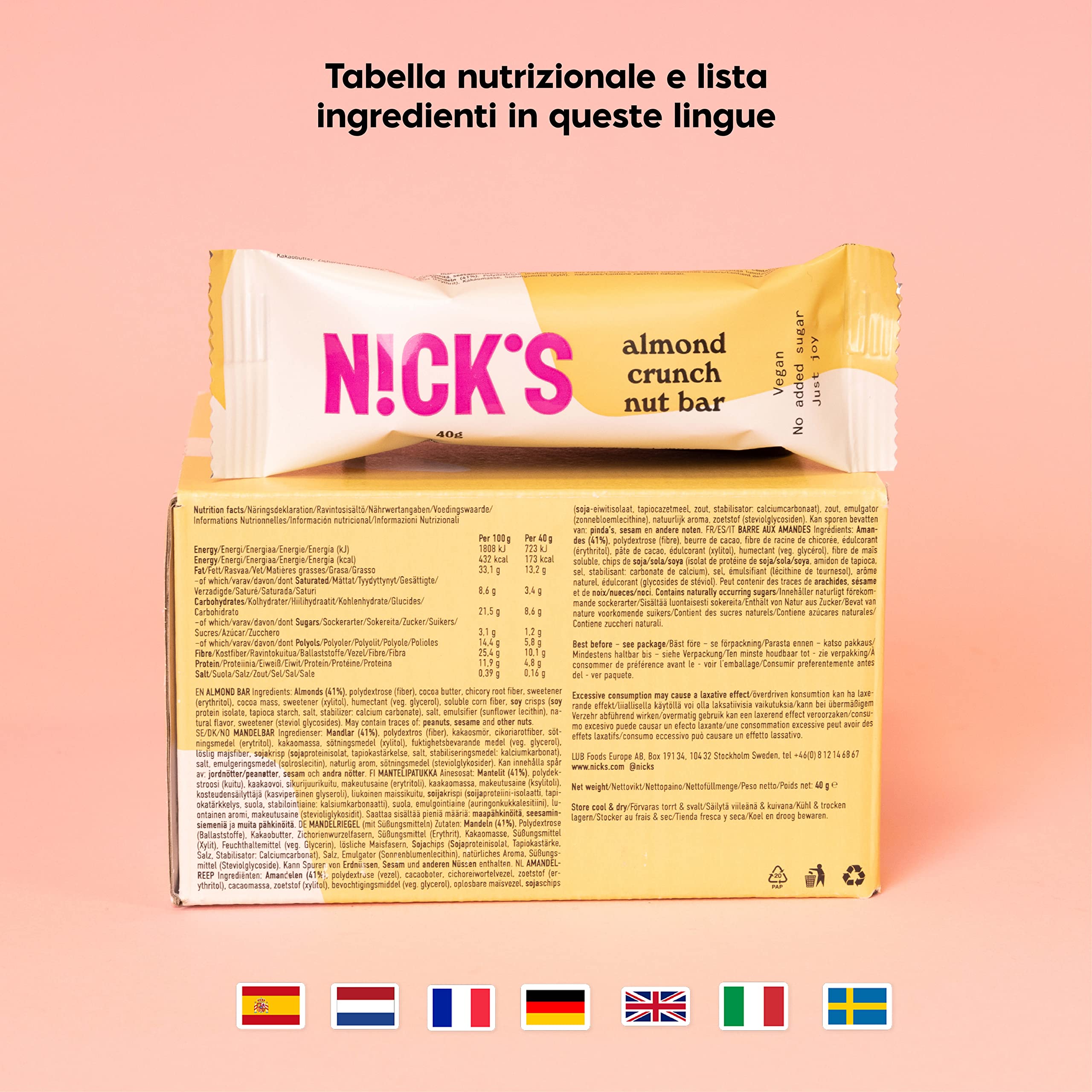 NICKS Keto Nut bar Almond, barretta di mandorle vegana con cioccolato cheto senza zuccheri aggiunti, senza glutine (12x40g)