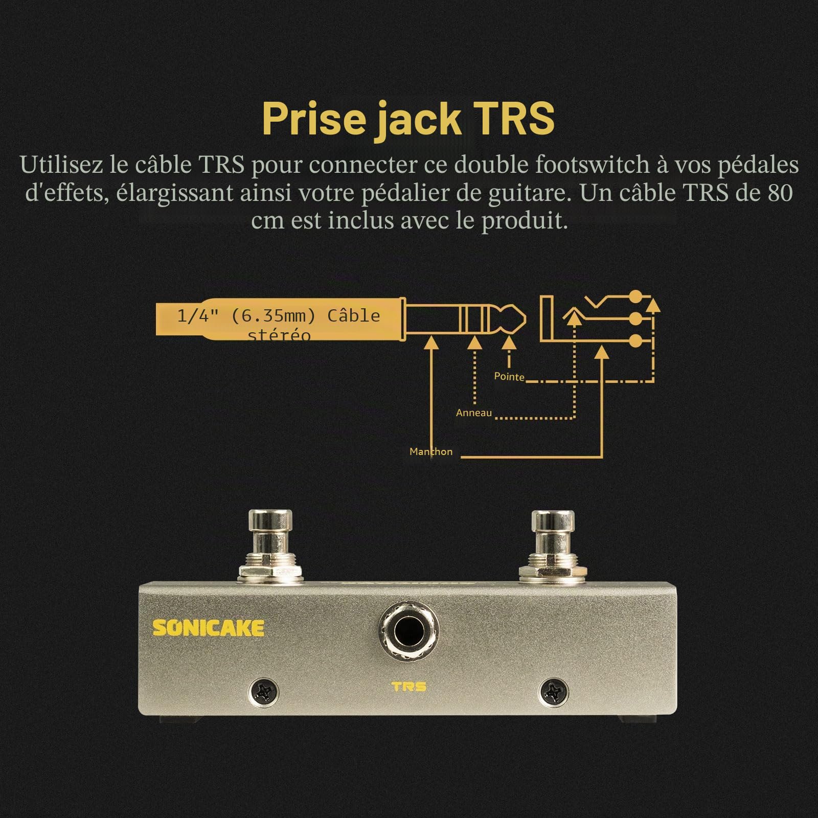 SONICAKE Pédale Dual Footswitch pédale à 2 voies contrôleur de pédale momentané de 6.35mm avec câble TRS