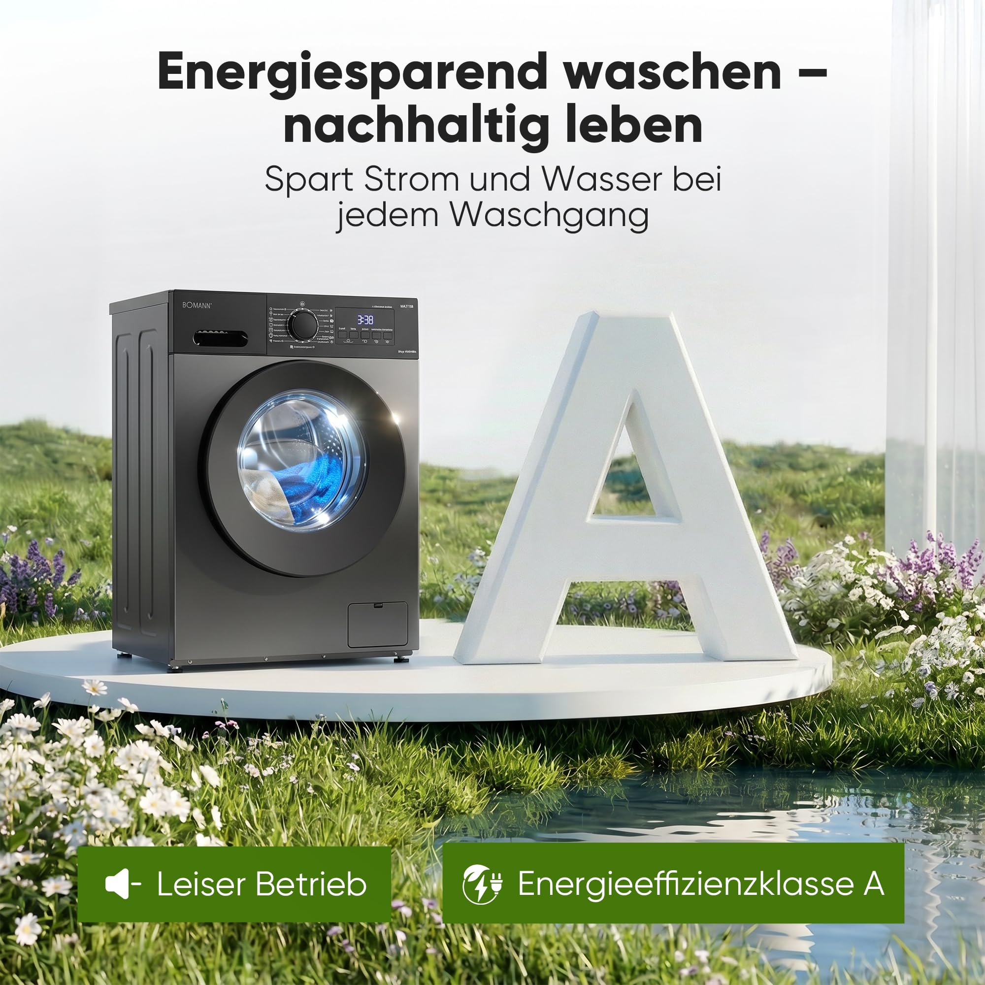 Bomann WA 7188 Waschmaschine 8kg 1400 U/min Invertermotor Dampffunktion LED-Display titan-schwarz