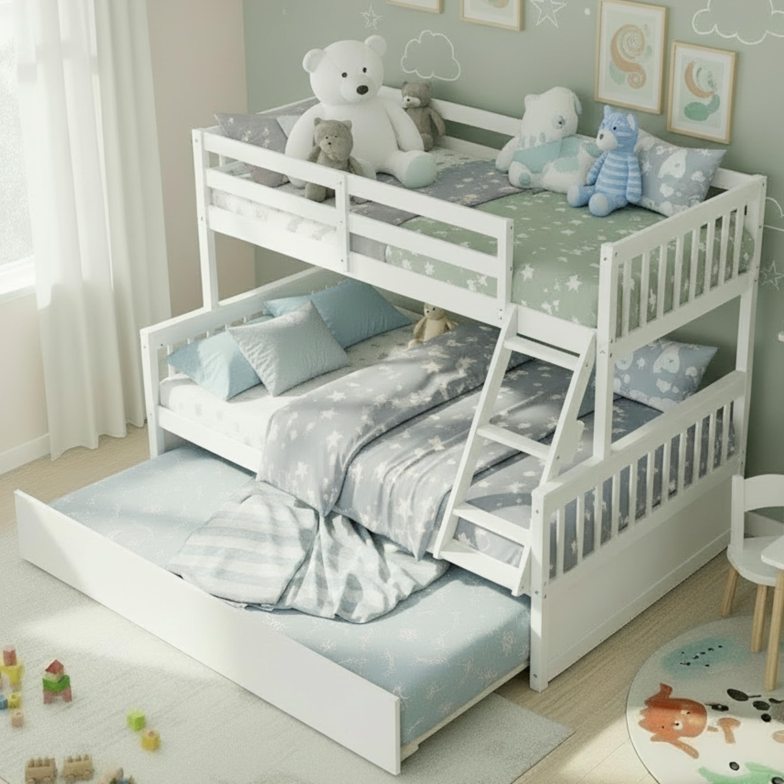 KOMFOTT Wood Twin Over Full Bunk Bed with Trundle, Bunk Bed Frame with Solid Pine Wood Frame, Space-Saving Bed Frame with Ladder & Safety Guardrails,