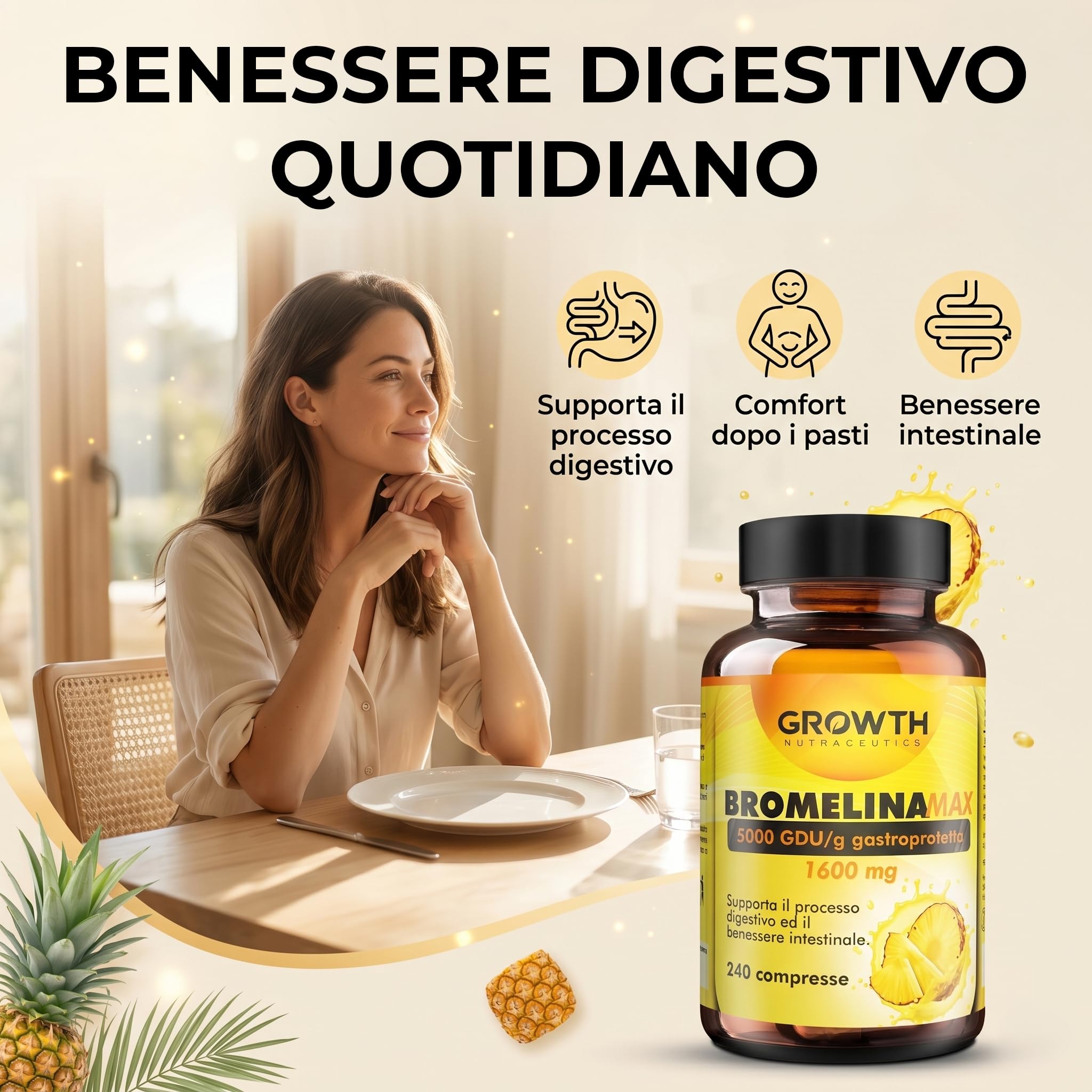 BROMELINA 5000 GDU/g - 240 Compresse Integratore di Bromelina da Ananas - Supporto Drenaggio Liquidi e Benessere Digestivo - Gambe Leggere, Gonfiore Addominale, Formula Vegana e Alta Qualità