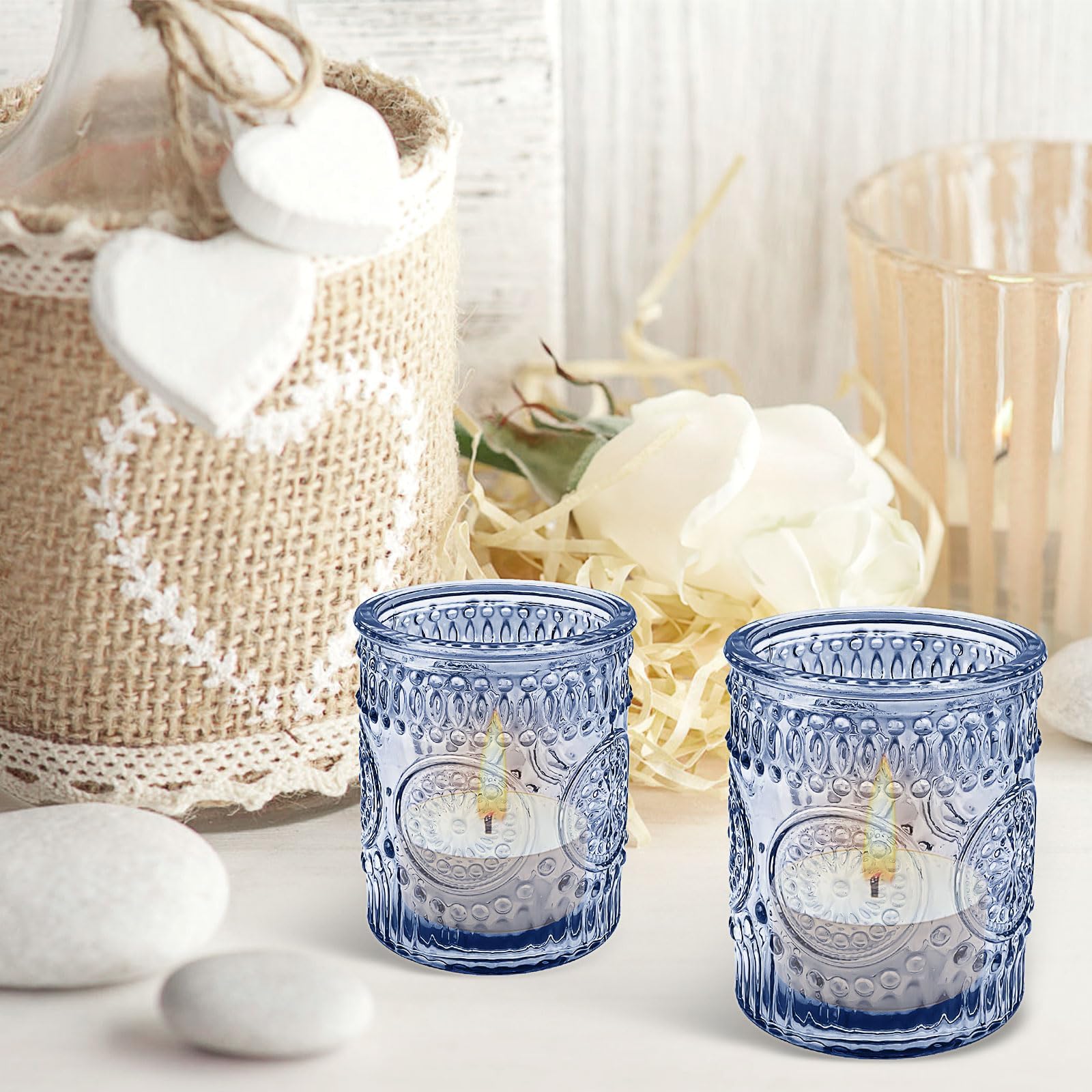 Lot de 24 bougeoirs en verre bleu vintage bohème pour Noël, fête prénuptiale, centre de table, salon, maison, fête