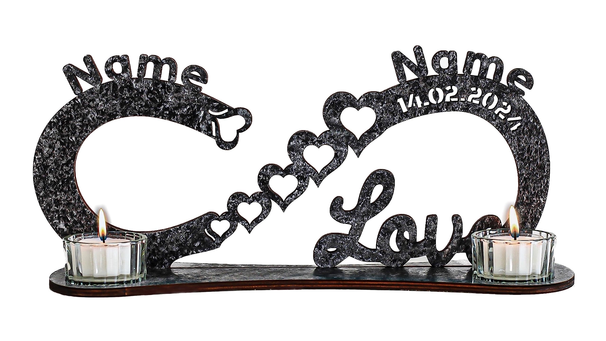 Waluna® Love Liebesgeschenk Teelichthalter Unendlichkeitszeichen personalisiert mit Zwei Namen und Datum Herzen Hochzeitsgechenk zum Jahrestag Hochzeit mit Kerzen in 12 Farben kerzenhalter Tischdeko