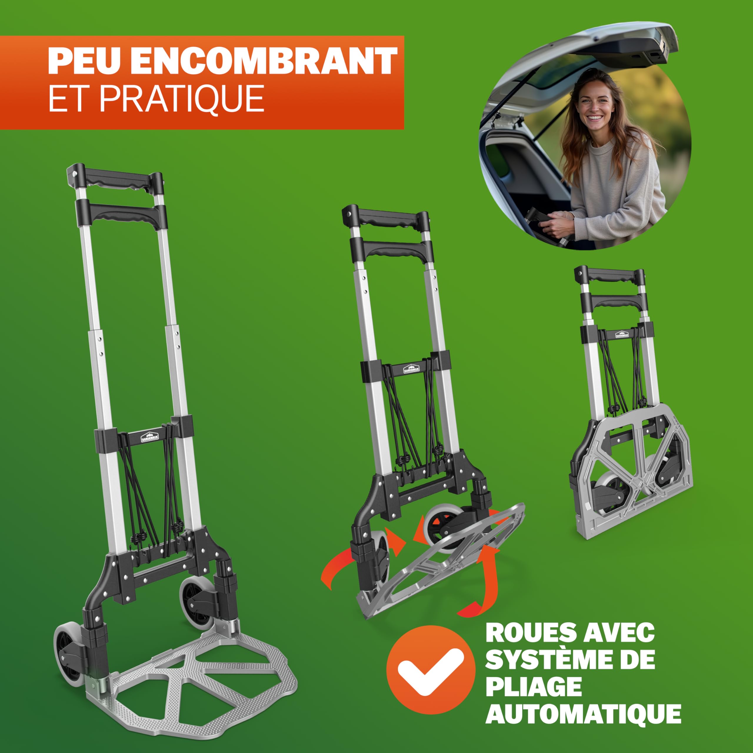 GARDEBRUK® Diable Aluminium Pliable 80kg Roues Pleines increvable Gants 2 tendeurs Chariot de Transport Diable déménagement Chariot Pliant manutention