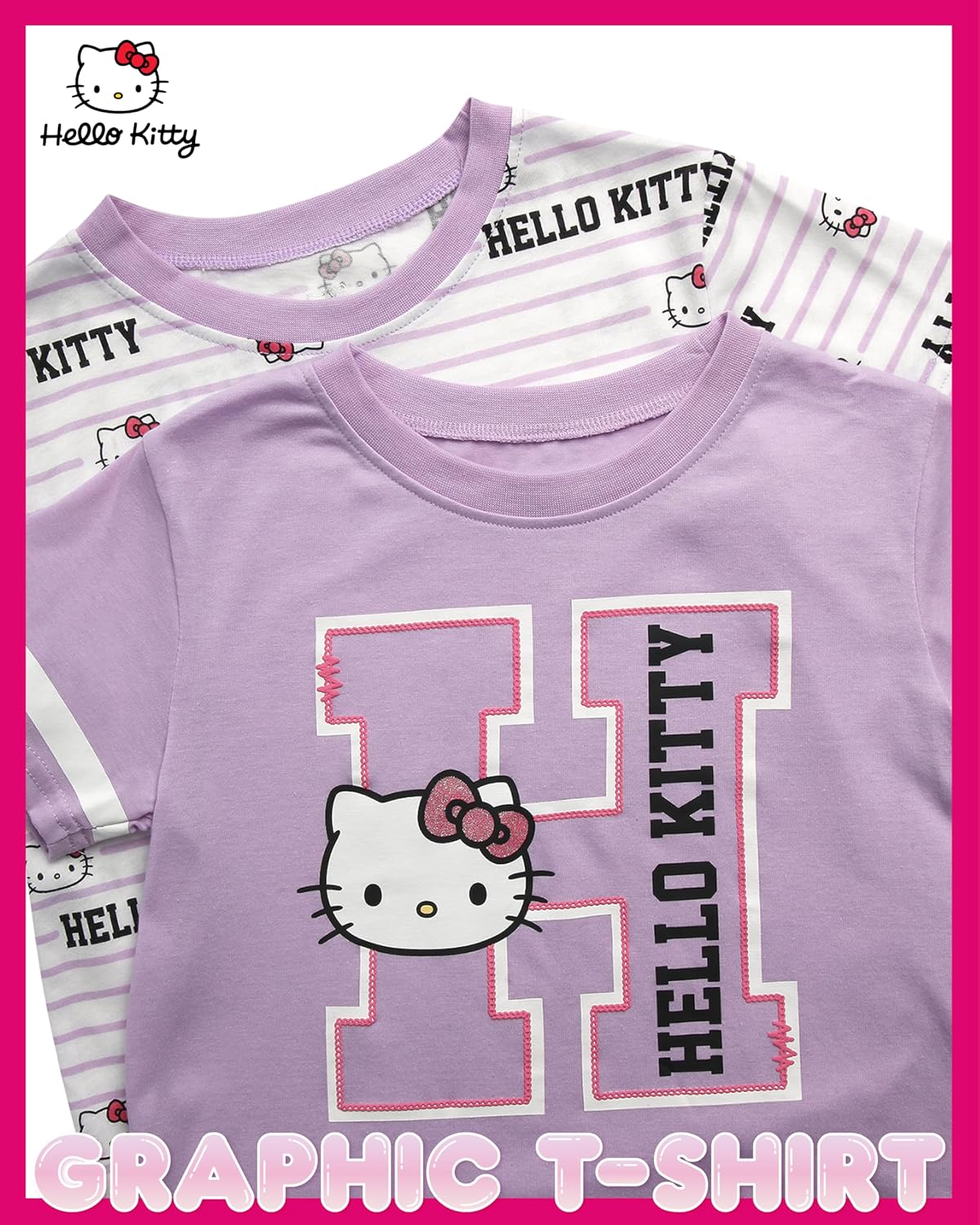 Hello Kitty Girls Shirts - 2 Pack Cotton Blend Short Sleeve Tops - Crewneck Cute Graphic Girls Tee Shirt Pack