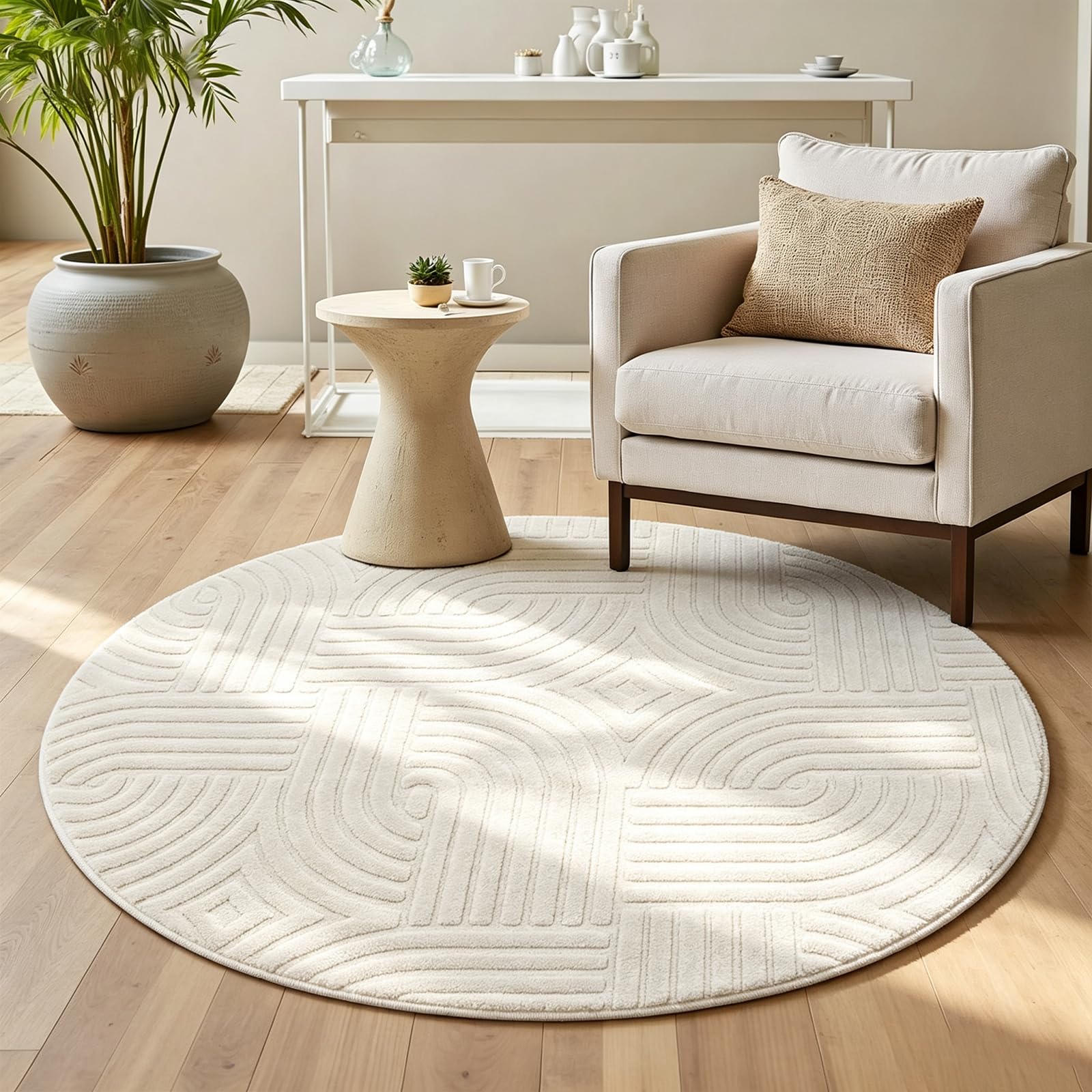 Enyhom Round Rugs Living Room 120cm, 3D Modern Beige Area Rug for Bedroom โ image 1