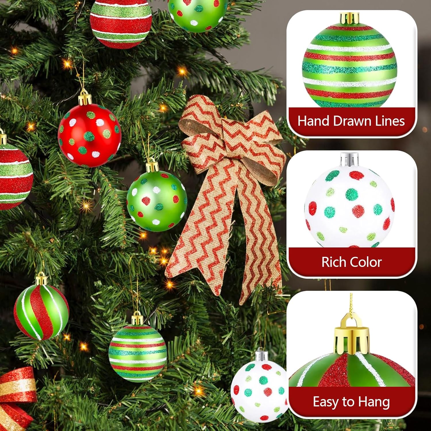 12個 2.4インチ クリスマスボール オーナメント ツリーデコレーション キラキラ 吊り下げ クリスマスボール 渦巻き キャンディ