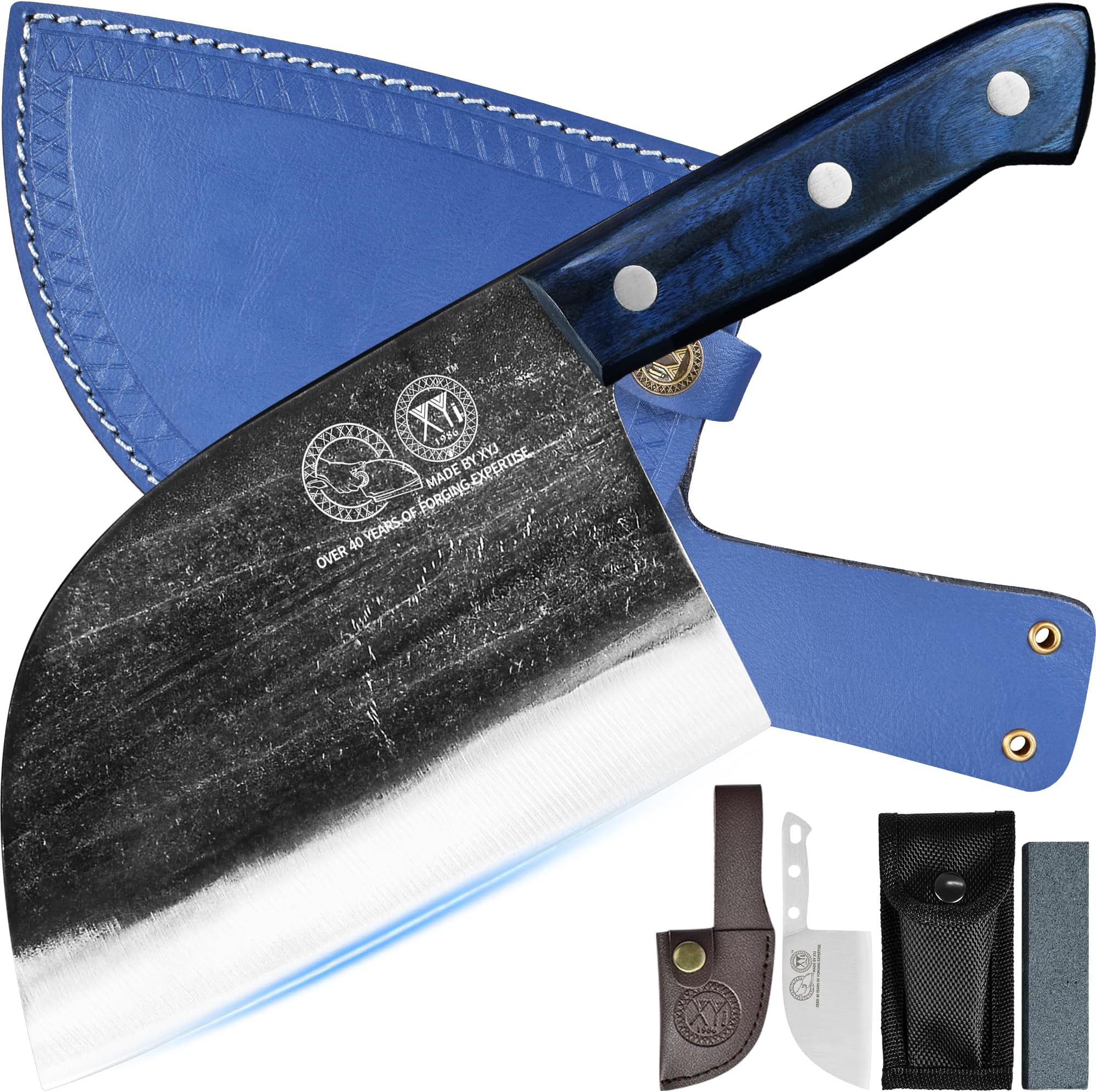 XYJ Antique Forged Butcher Knives, Serbian-Style Chef's Knife with Sheath, Heavy-Duty Meat Cleaver for Kitchen & Outdoor Use, Full Tang Construction