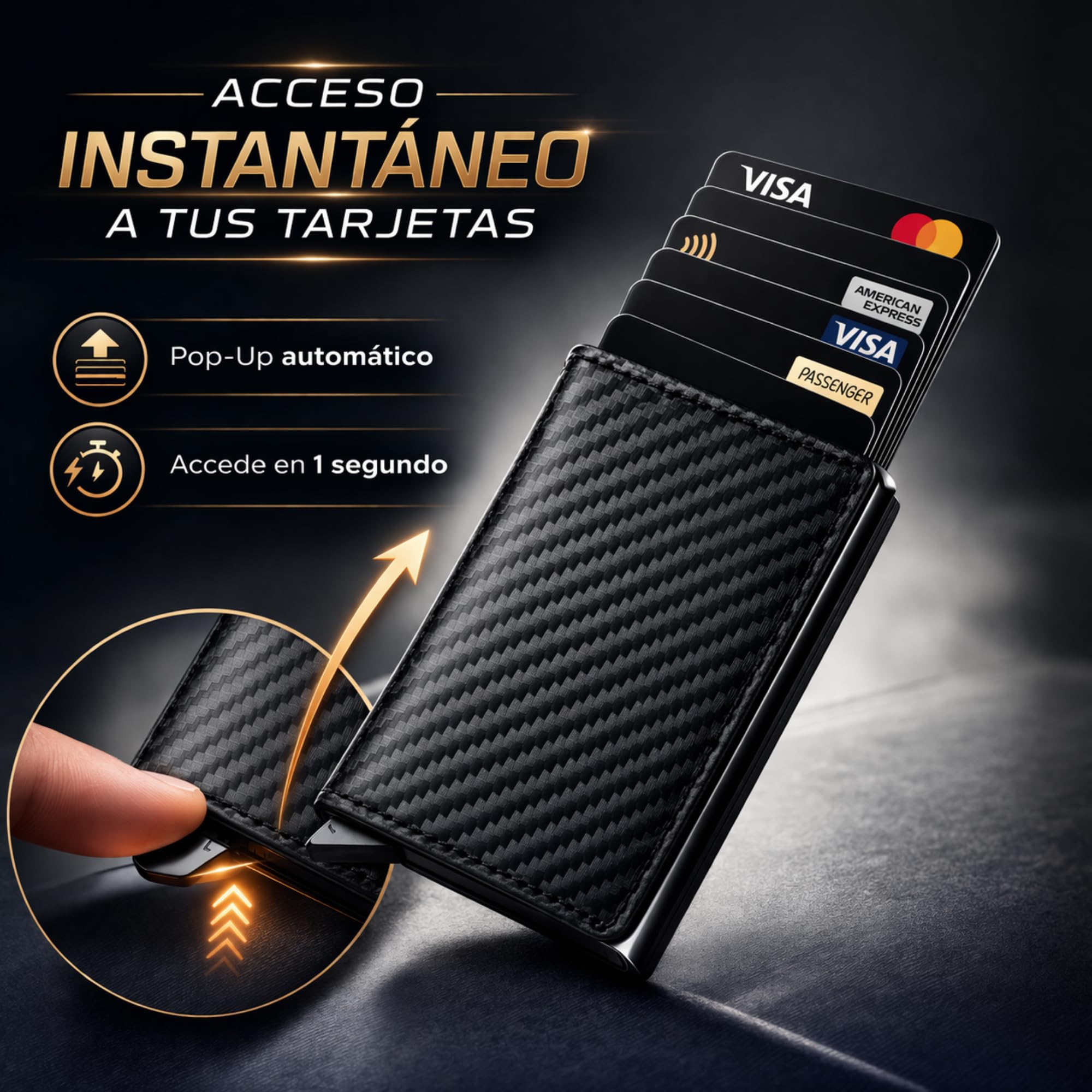 Cruban Cartera Minimalista Hombre RFID – Tarjetero Pop Up de Fibra de Carbono, Slim Wallet con Acceso Rápido para Tarjetas, Cartera Inteligente Antirrobo con Clip para Billetes — view 3