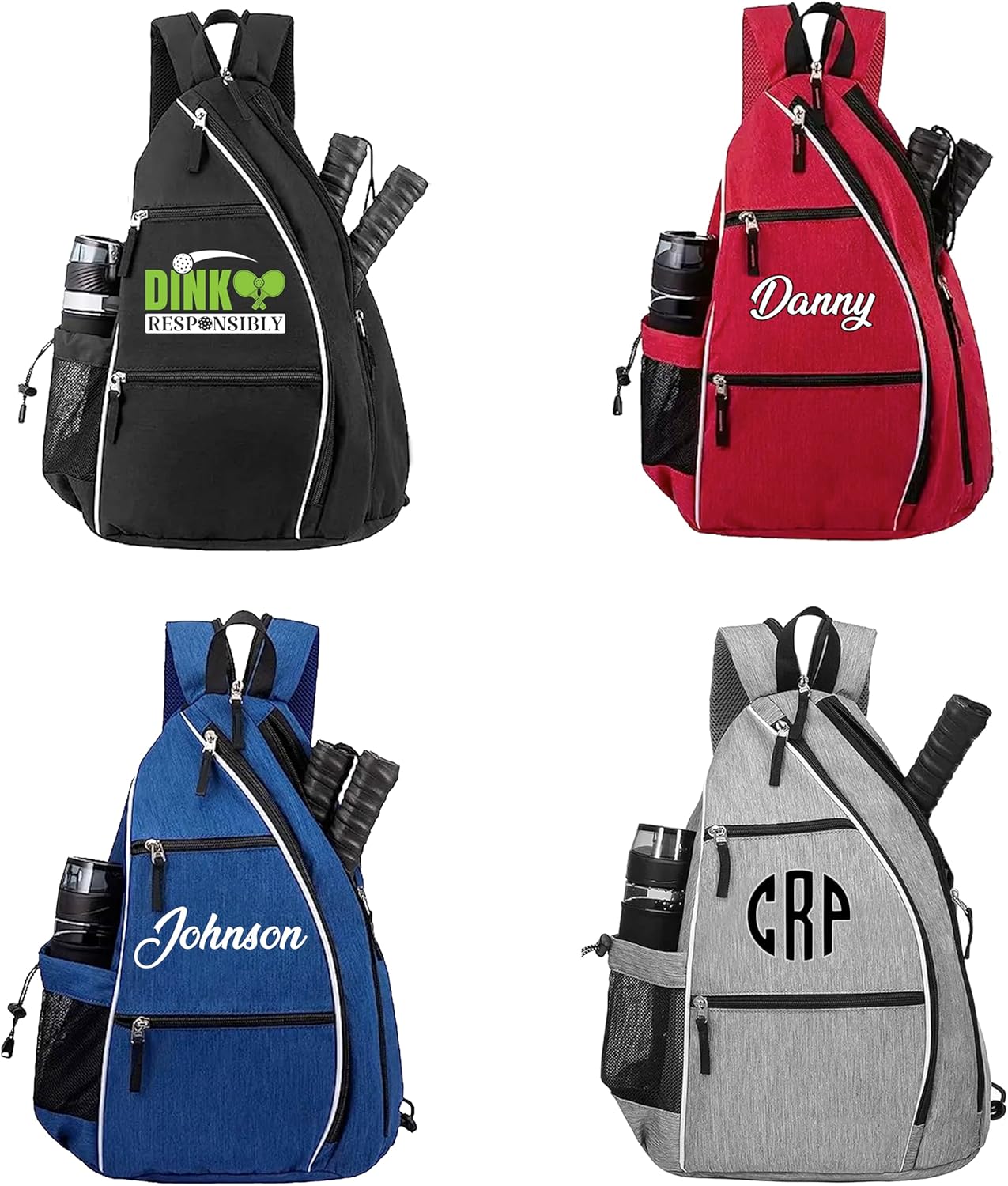 Personalized Pickleball Sling Bag Custom Paddle Backpack with Name or Logo Lightweight Durable Sports Gear Bag for Men Women Adjustable Strap Water Bottle Pocket Fence Hook Storage