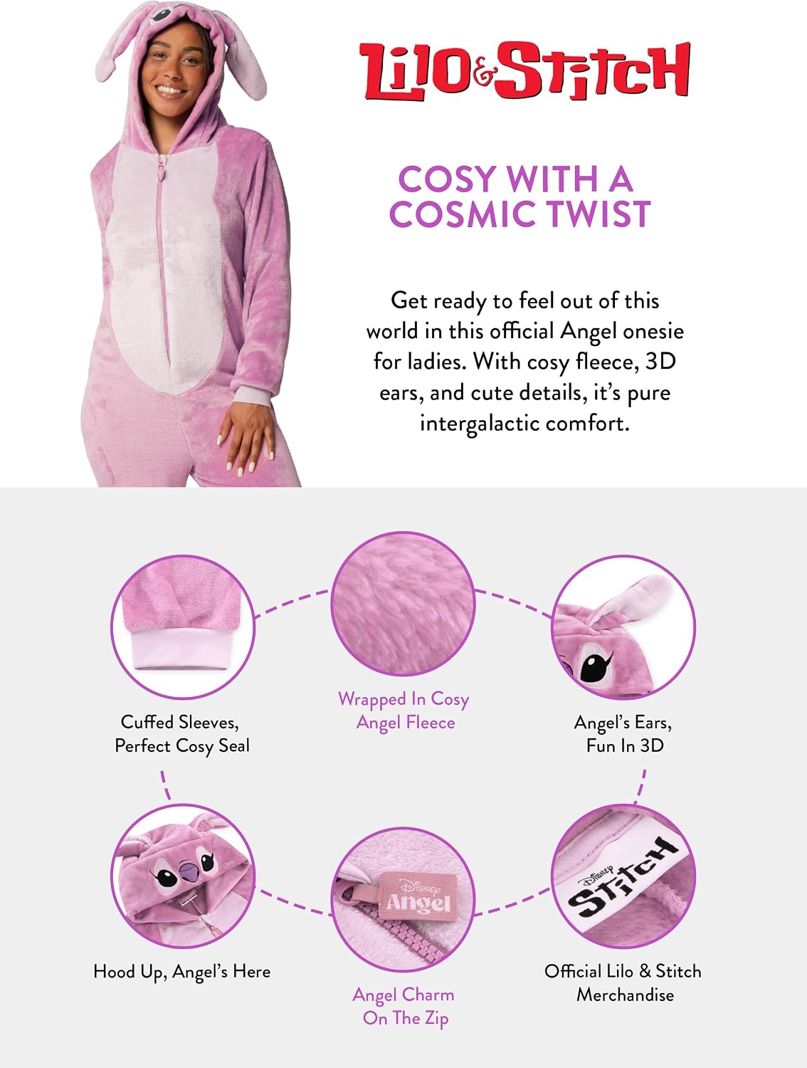 Disney Lilo And Stitch Onesie For Women, Angel Women Onesie, Lilo & Stitch Pajamas, Pink M