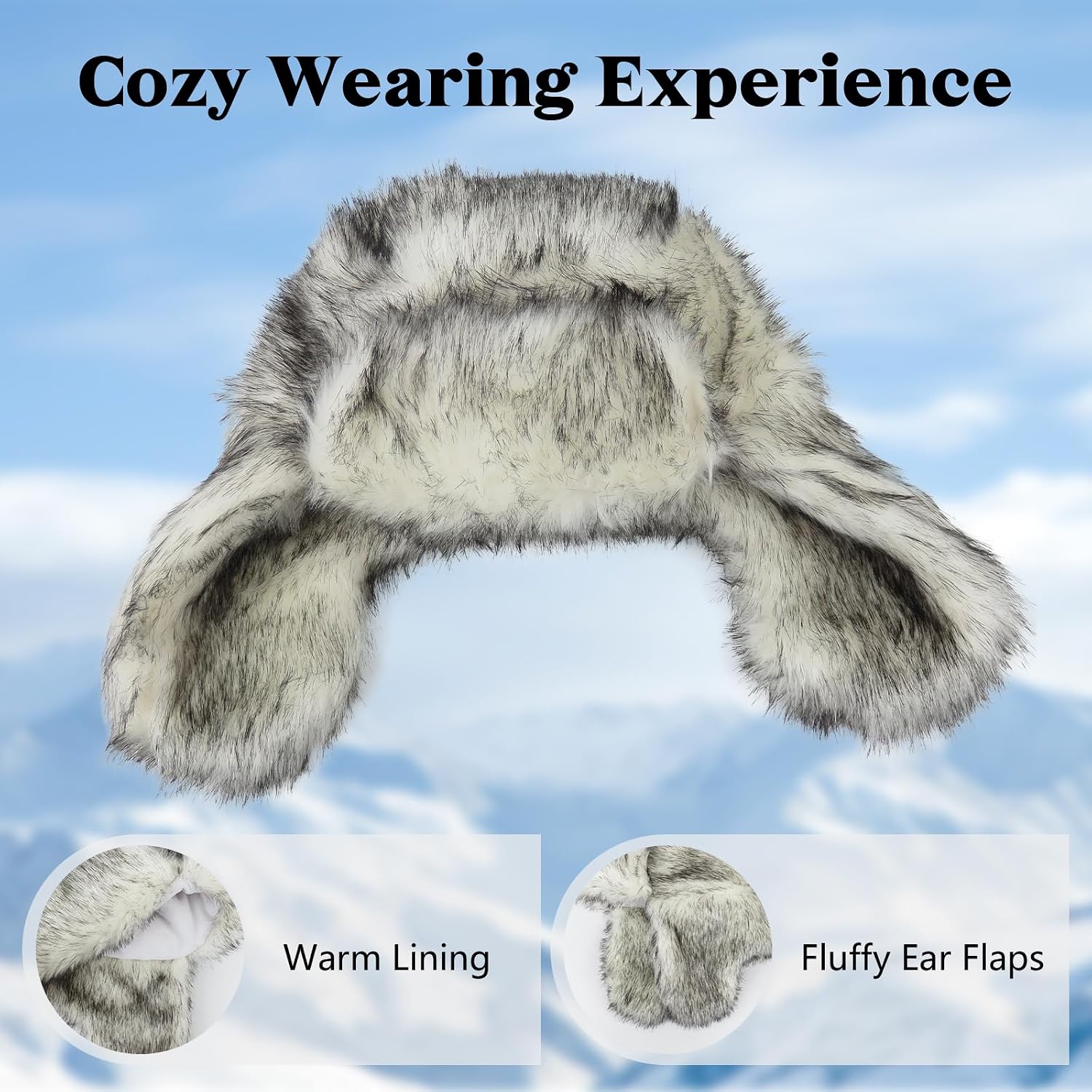 Faux Rabbit Fur Russian Trapper Hat, Winter Ushanka Hat with Ear Flap
