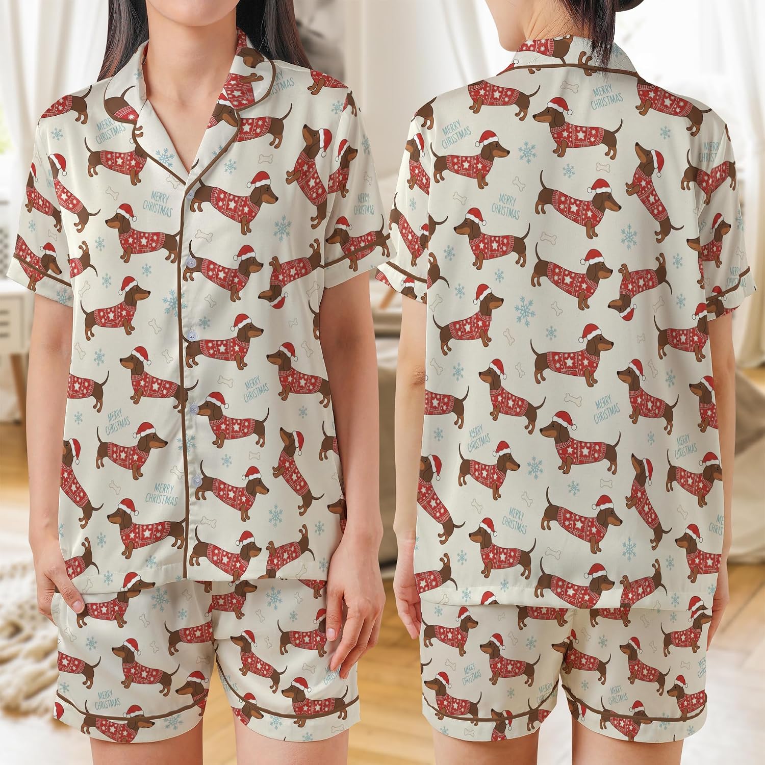 ThuhaTree Store Christmas Dachshund Dog Pajamas Set Short & Long – Cozy Holiday Pajamas, Dog Theme Pajamas Set Multicolor