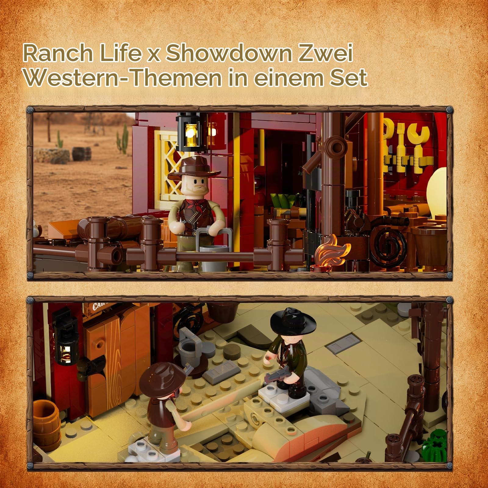 LUMIBRICKS Wild West Ranch Duel Klemmbaustein-Set mit LED-Beleuchtung, 1023 Teile Western-Ranch Modellbausatz für Erwachsene, Sammlerstück für Fans des Wilden Westens