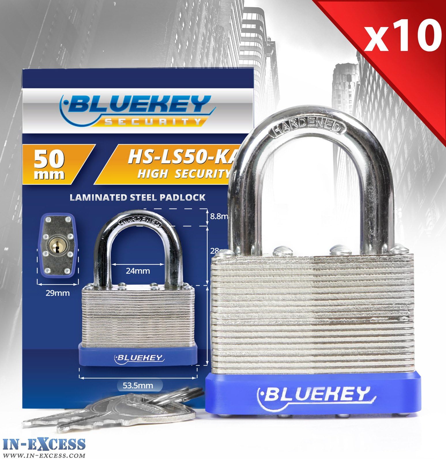 QTY 10 - Bluekey Heavy Duty Laminated Steel Keyed Alike 50mm Padlocks HS-LS50-KA