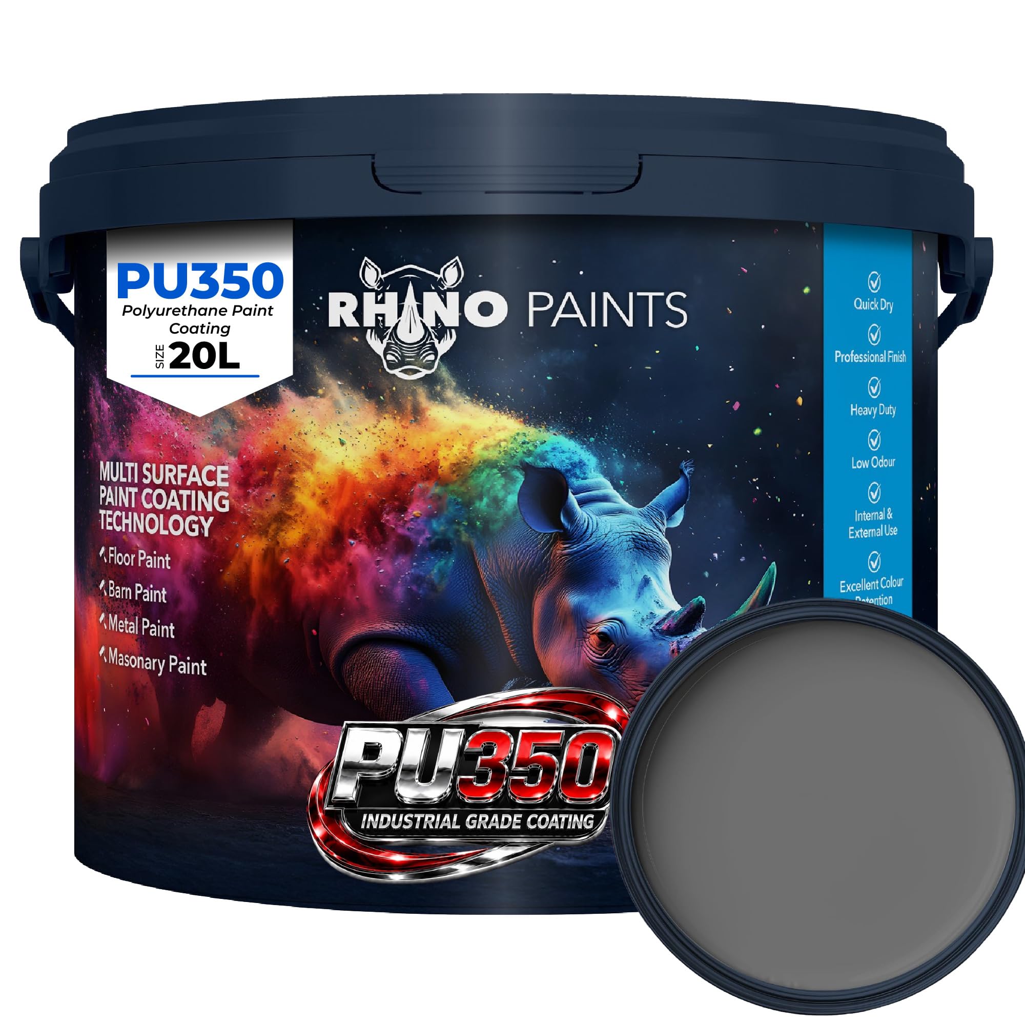RHINO PAINTS PU350 Polyurethane Paint Coating 20L Mid Grey - Heavy Duty Industrial Floor & Surface Coating for Concrete, Metal & Timber, Durable PU Paint for Warehouses, Garages & Commercial Areas