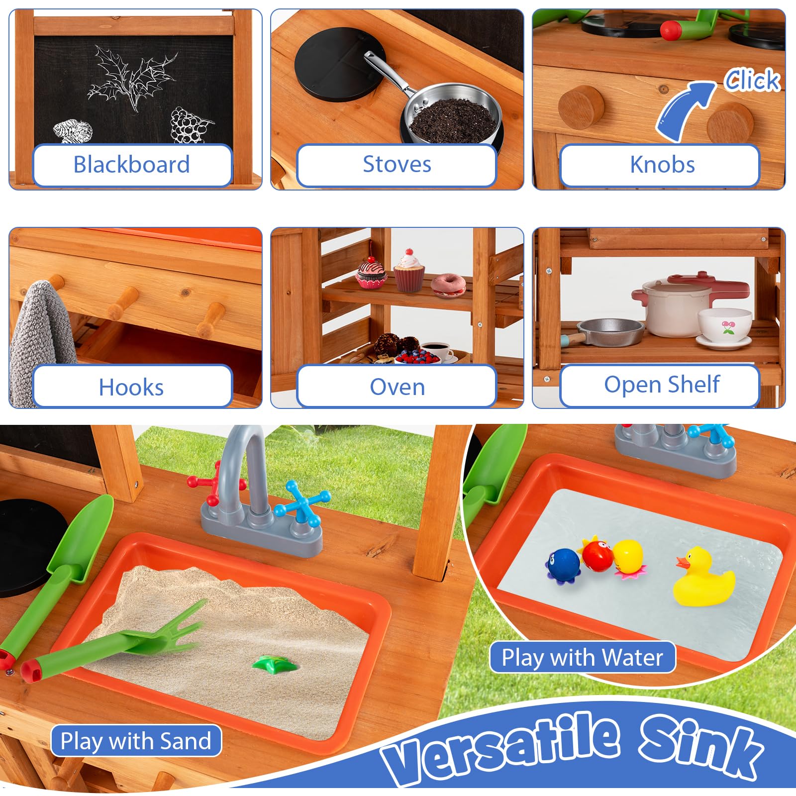 HOMASIS Matschküche Kinder Outdoor, Gartenspielküche Holz mit 7 Zubehör, Kinderküche mit abnehmbarem Waschbecken Herd Tafel 4 Blumentöpfen, Outdoorküche Gartenküche für Kinder ab 3 Jahren, Natur