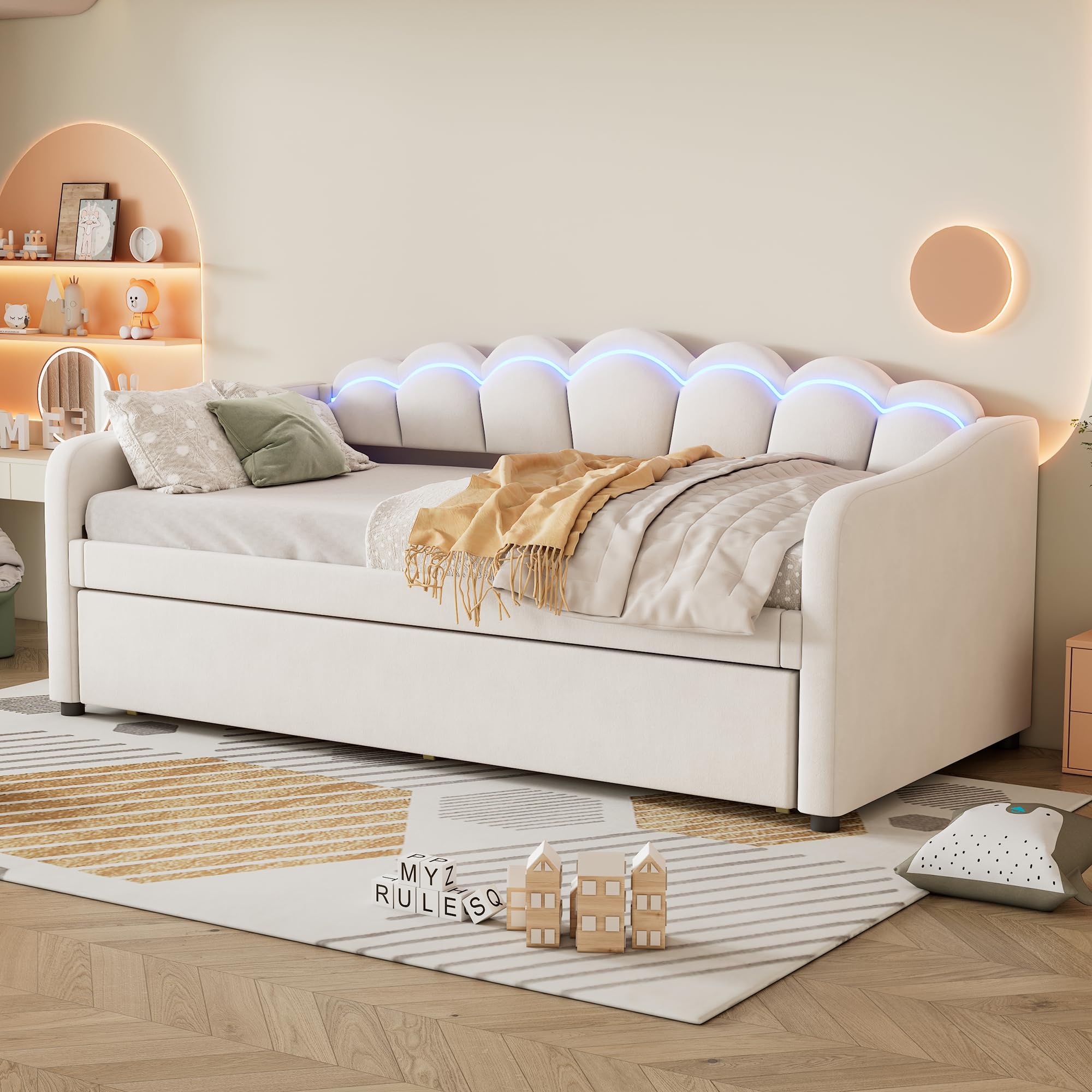 Letto da giorno, 90 x 200 cm, con letto estraibile, divano letto, letto singolo, velluto, luce ambientale che cambia colore, senza materasso (Beige)
