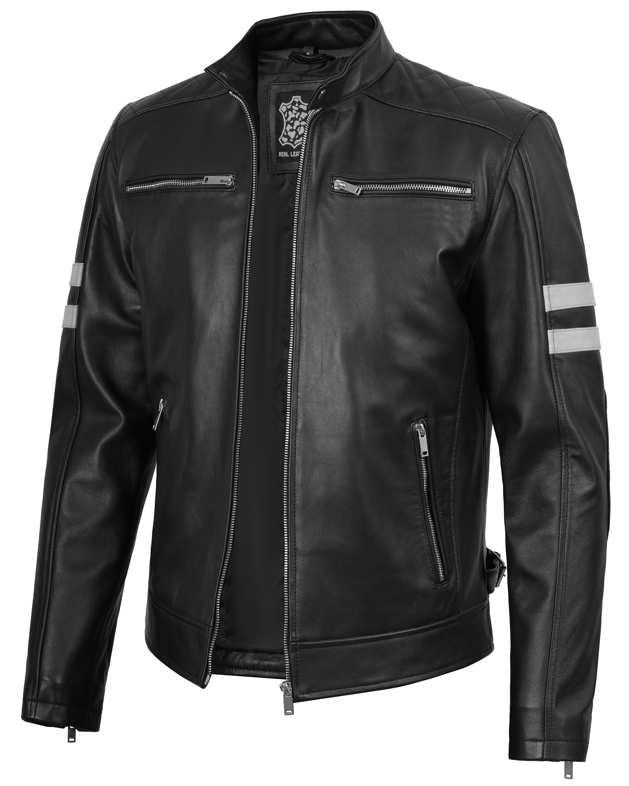 fjackets Mens Leather Jacket - Real Lambskin Cafe Racer Moto Biker Stand Collar Jacket
