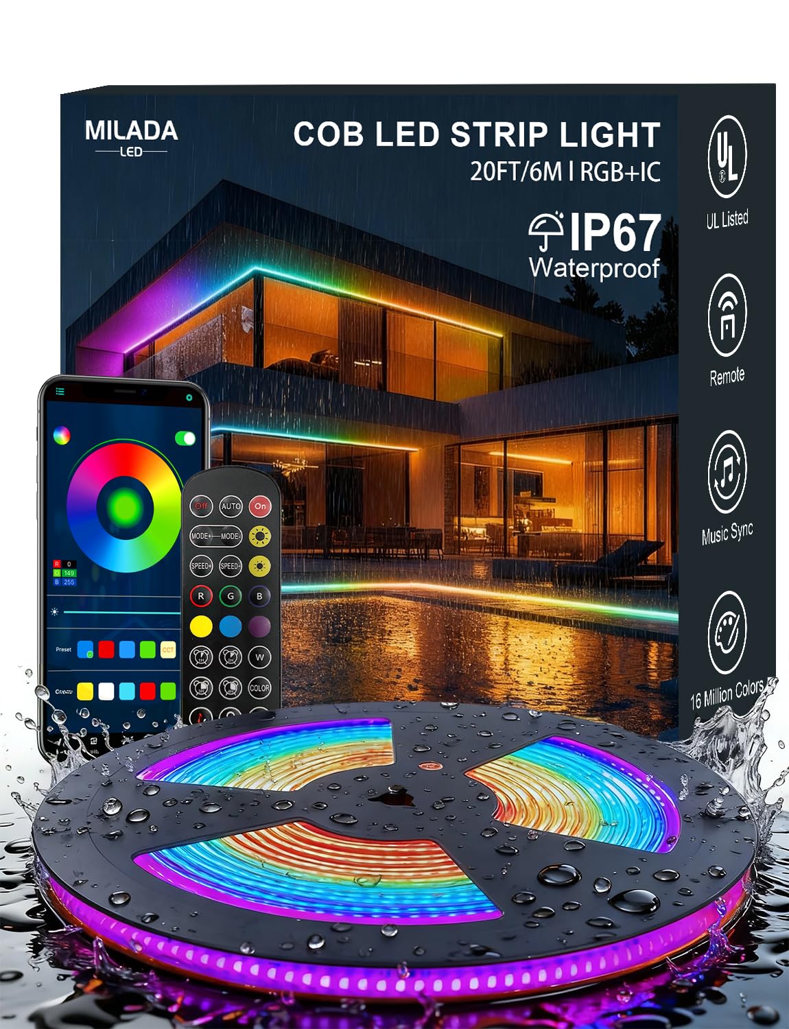 Photo 1 of 20ft COB LED Strip Lights RGB Smart IC,IP67 Waterproof Outdoor,Dimmable