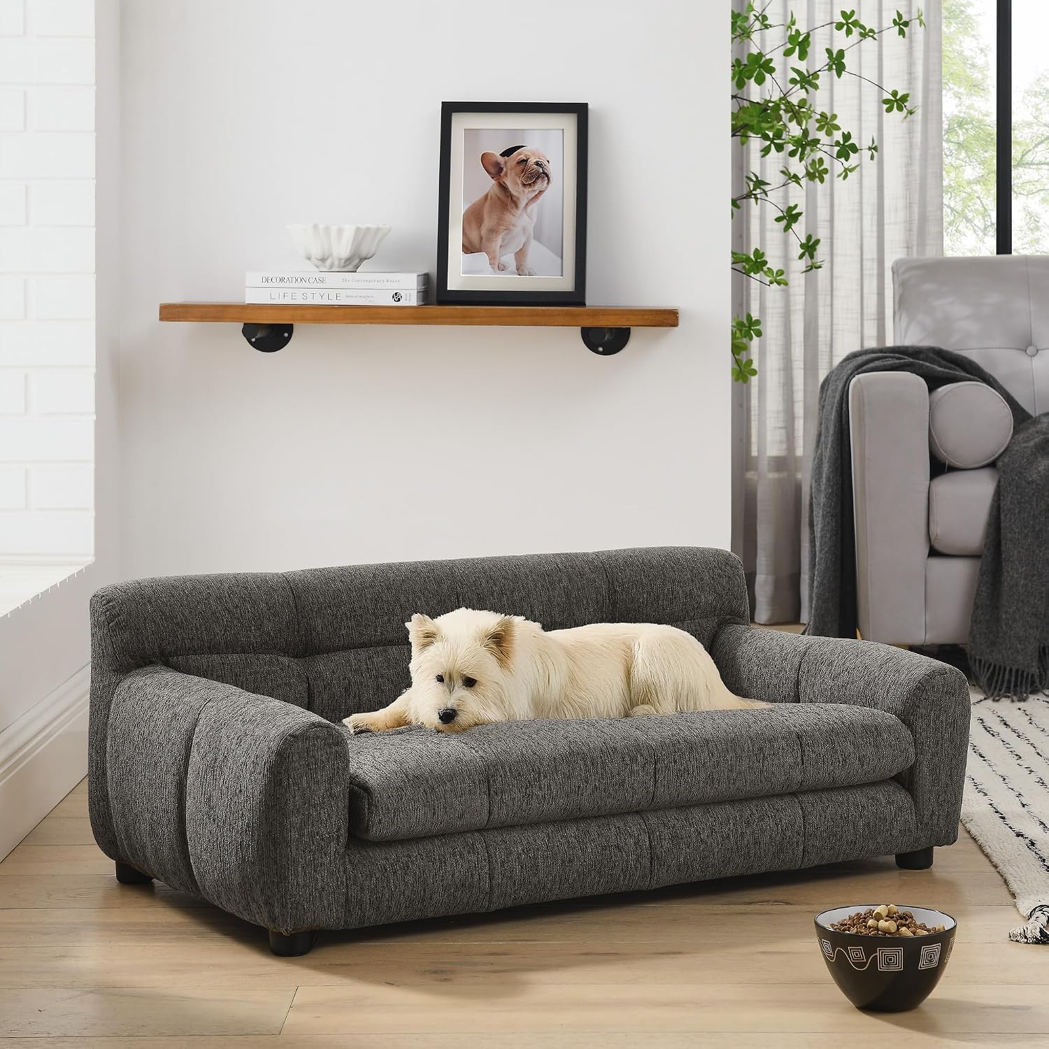 Dog Couch Bed, 38" Memory Foam Sofa for Dogs with Backrest and Armrest, Durable Pet Sofa with Soft Cushion, Elevated Dog Couch Bed with Legs for Medium Dogs, Stone Grey