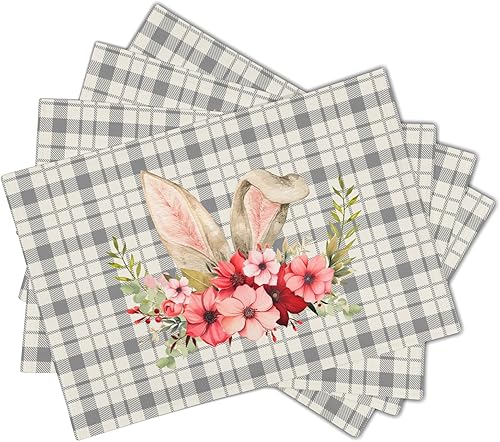 Miniatura 2 de Juego de 4 manteles individuales de Pascua con orejas de conejo, diseño de búfalo gris, 12 x 18 pulgadas, impermeables, resistentes al calor, para