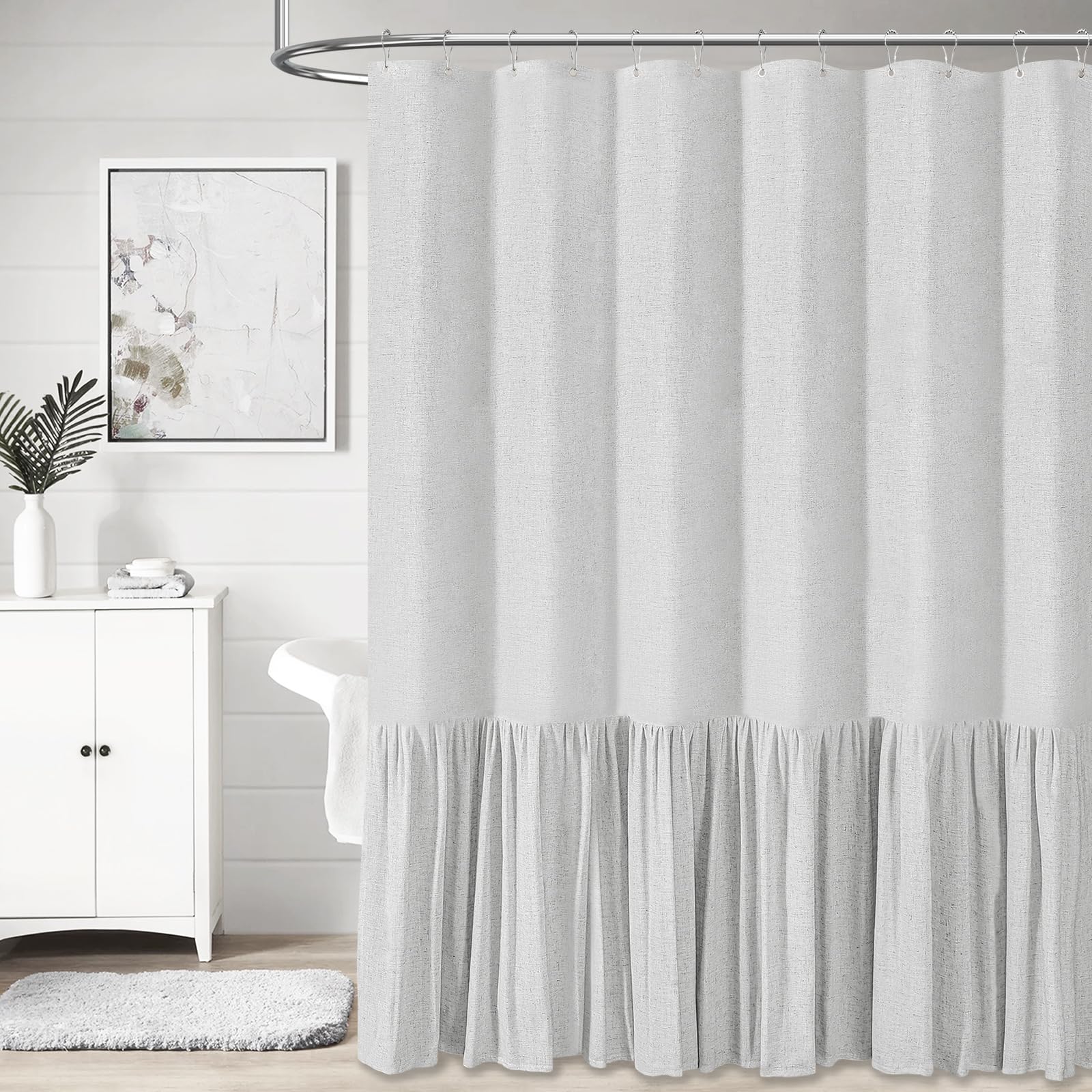 BTTN Extra Long Linen Shower Curtain - 72x84 Inch Long Shabby Chic Fabric Shower Curtain Set with Ruffle Hem, Tall Modern Farmhouse Rustic Thick Country Cloth Shower Curtain for Bathroom, Gray/Grey