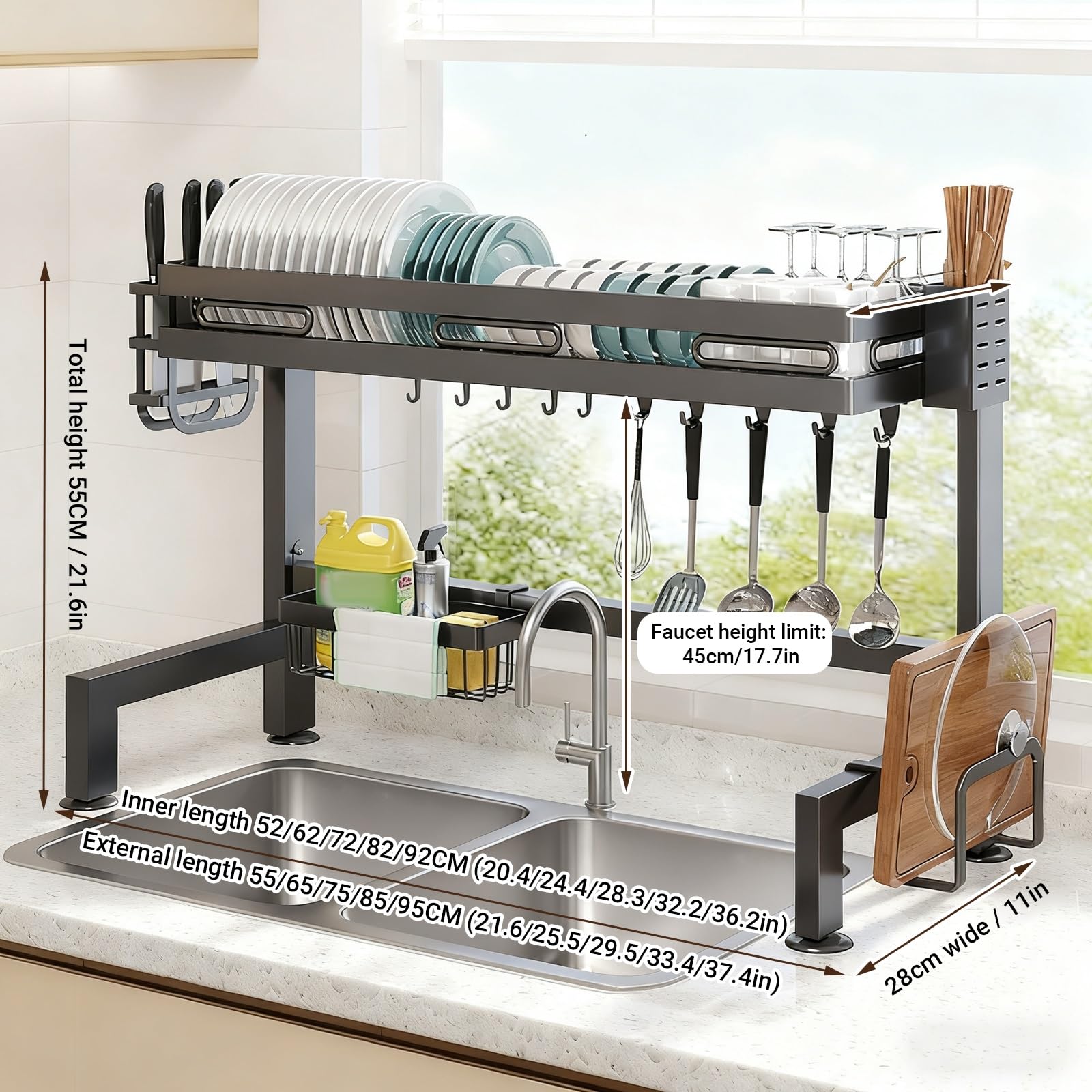 Multifunktionaler Geschirrtrockner für die Küchenspüle, rostfreier Geschirrtrockner mit großem Fassungsvermögen und Besteckhalter, für die Küchenarbeitsplatte über der Spüle(Single-Layer,65cm/25.5in)
