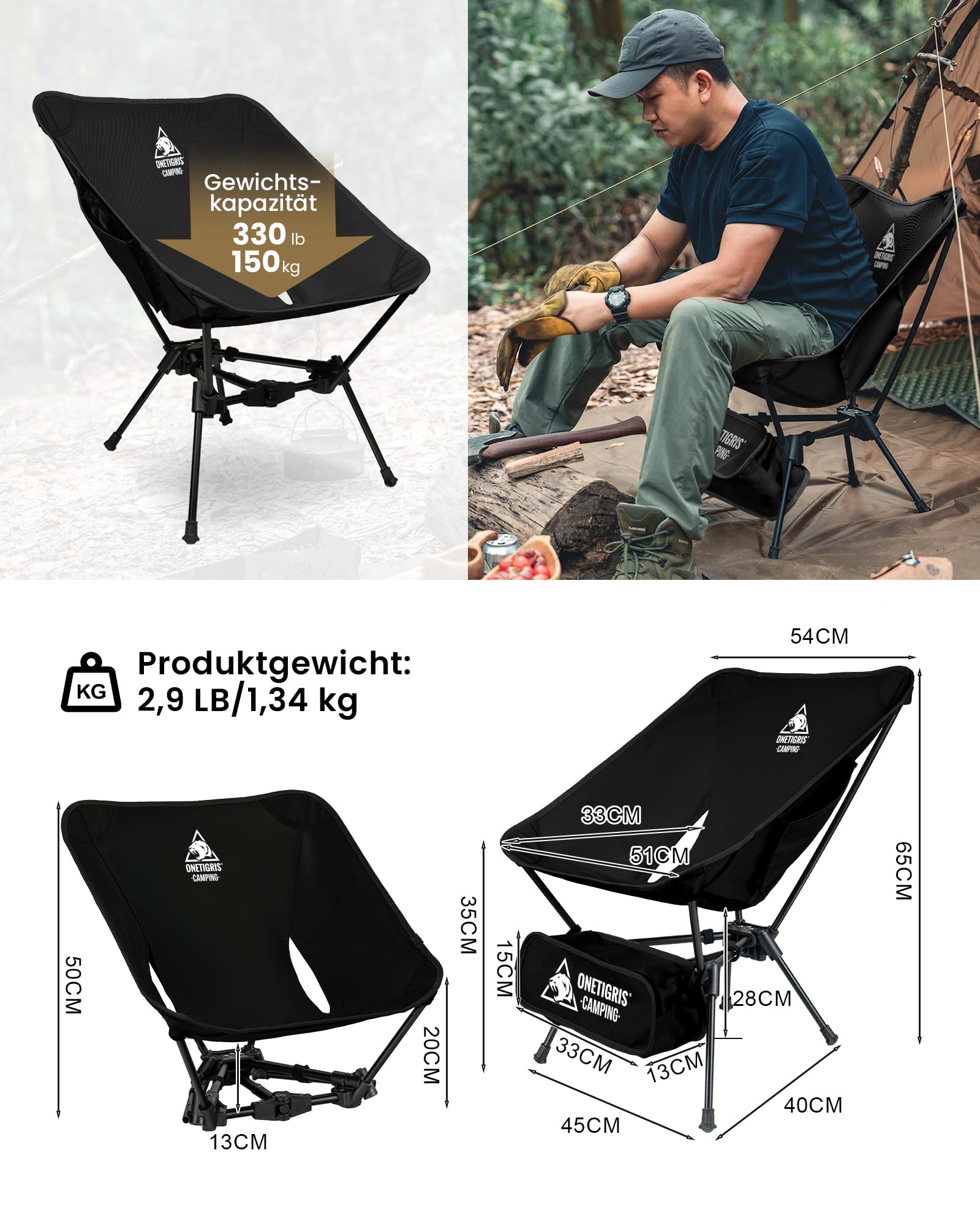 OneTigris TIGERBLADE Składane krzesło kempingowe, 150 kg, ultralekkie, trójkątna rama, z 2 bocznymi kieszeniami, do aktywności na świeżym powietrzu, wędrówek, czarny